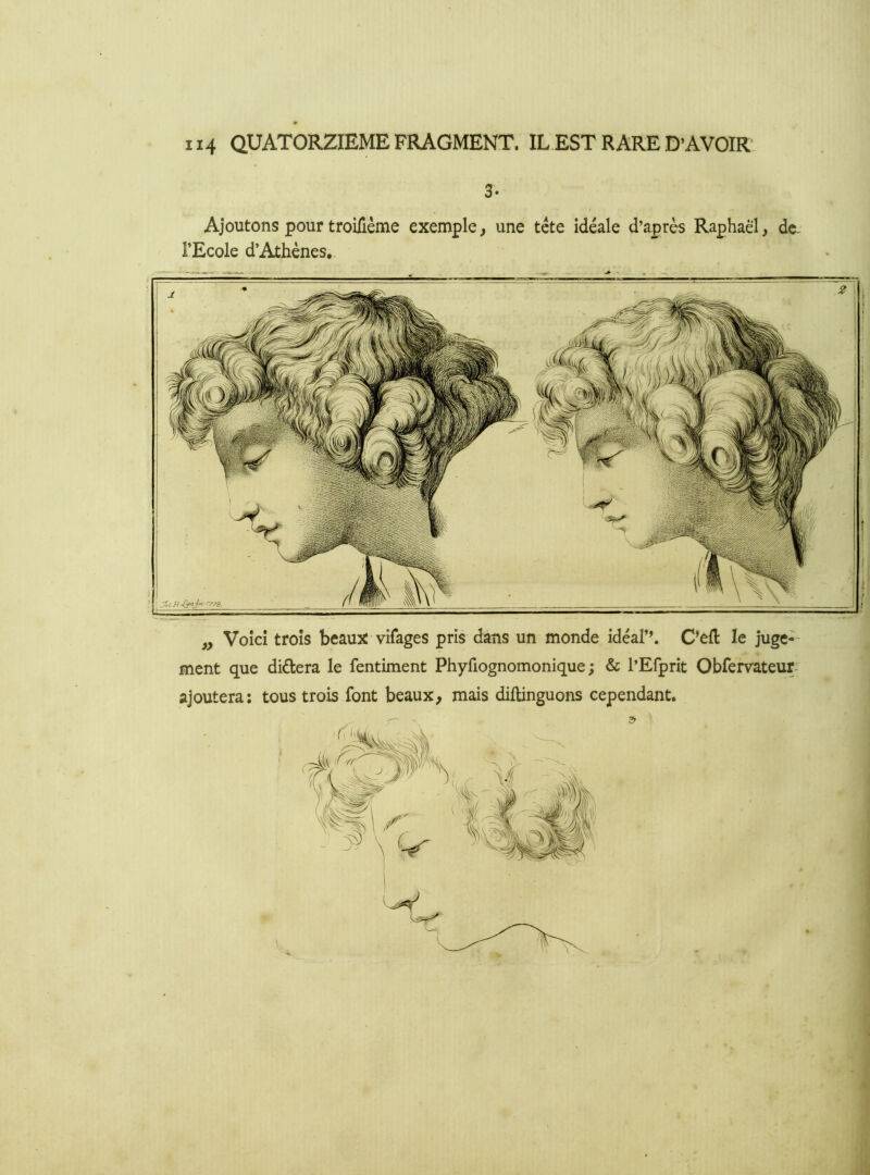 3» Ajoutons pour troifième exemple, une tête idéale d’après Raphaël, dc- î’Ecole d’Athènes, Voici trois beaux vifages pris dans un monde idéal’’. C*eH le juge-- < ment que diâera le fentiment Phyfiognomonique ; & l’Efprit Obfervateur- ajoutera; tous trois font beaux, mais dilUnguons cependant. -C^J^ '778.