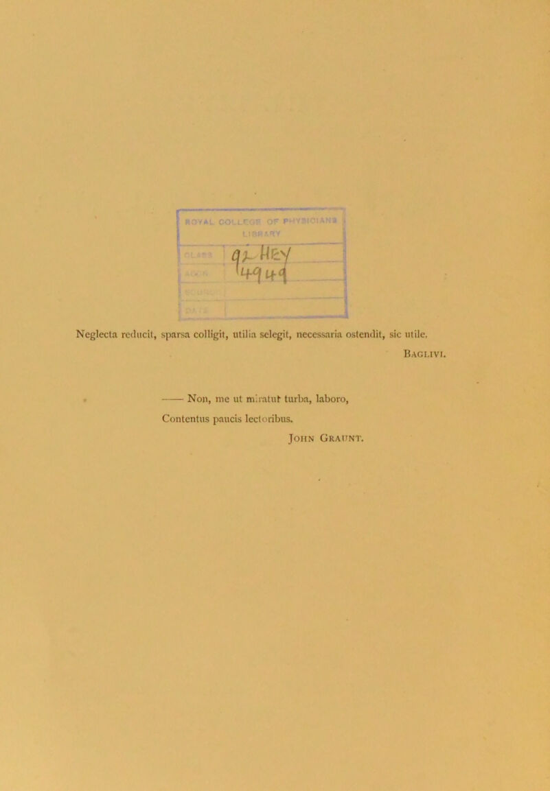 Neglecta reduc'd, sparsa colligit, utilia selegit, neccssaria ostendit, sic utile. Baglivi. Non, me ut miratut turba, laboro, Contentus paucis lectoribus. John Gratjnt.