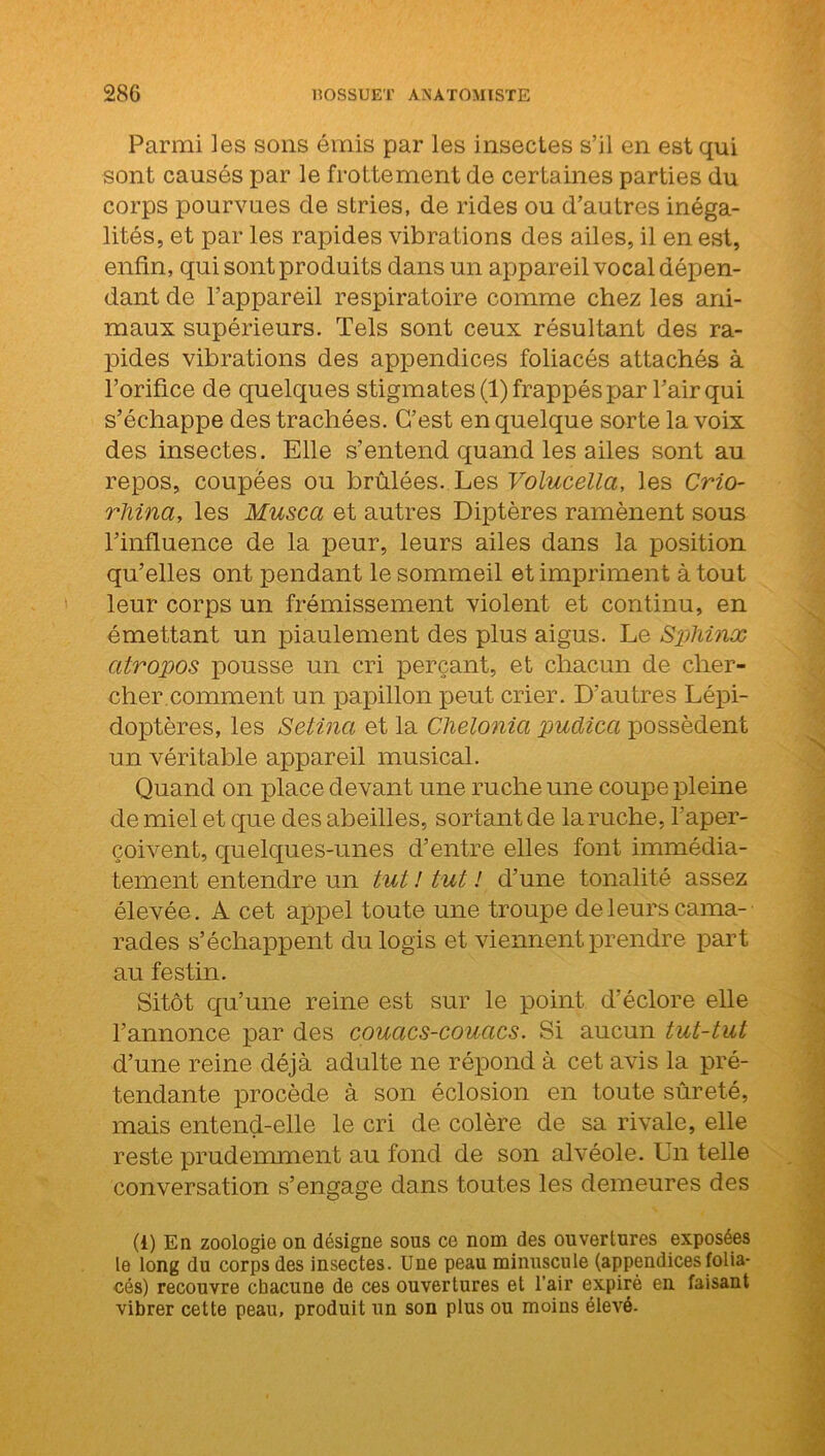 Parmi les sons émis par les insectes s’il en est qui sont causés par le frottement de certaines parties du corps pourvues de stries, de rides ou d’autres inéga- lités, et par les rapides vibrations des ailes, il en est, enfin, qui sont produits dans un appareil vocal dépen- dant de l’appareil respiratoire comme chez les ani- maux supérieurs. Tels sont ceux résultant des ra- pides vibrations des appendices foliacés attachés à l’orifice de quelques s tigmates (1) frappés par l’air qui s’échappe des trachées. C’est en quelque sorte la voix des insectes. Elle s’entend quand les ailes sont au repos, coupées ou brûlées. Les Volucella, les Crio- rliina, les Musca et autres Diptères ramènent sous l’influence de la peur, leurs ailes dans la position qu’elles ont pendant le sommeil et impriment à tout leur corps un frémissement violent et continu, en émettant un piaulement des plus aigus. Le Sphinx citropos pousse un cri perçant, et chacun de cher- cher comment un papillon peut crier. D’autres Lépi- doptères, les Setina et la Chelonia pudica possèdent un véritable appareil musical. Quand on place devant une ruche une coupe pleine de miel et que des abeilles, sortant de la ruche, l’aper- çoivent, quelques-unes d’entre elles font immédia- tement entendre un tut ! tut ! d’une tonalité assez élevée. A cet appel toute une troupe de leurs cama- rades s’échappent du logis et viennent prendre part au festin. Sitôt qu’une reine est sur le point d’éclore elle l’annonce par des couacs-couacs. Si aucun tut-tut d’une reine déjà adulte ne répond à cet avis la pré- tendante procède à son éclosion en toute sûreté, mais entend-elle le cri de colère de sa rivale, elle reste prudemment au fond de son alvéole. Un telle conversation s’engage dans toutes les demeures des (i) En zoologie on désigne sous ce nom des ouvertures exposées le long du corps des insectes. Une peau minuscule (appendicesfolia- cés) recouvre chacune de ces ouvertures et l’air expiré en faisant vibrer cette peau, produit un son plus ou moins élevé.