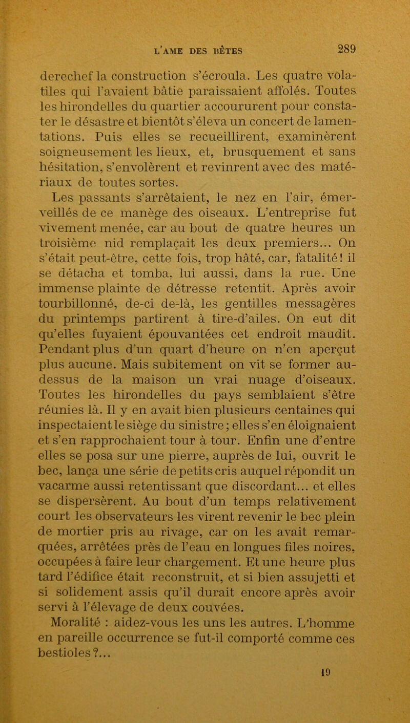 derechef la construction s’écroula. Les quatre vola- tiles qui l’avaient bâtie paraissaient affolés. Toutes les hirondelles du quartier accoururent pour consta- ter le désastre et bientôt s’éleva un concert de lamen- tations. Puis elles se recueillirent, examinèrent soigneusement les lieux, et, brusquement et sans hésitation, s’envolèrent et revinrent avec des maté- riaux de toutes sortes. Les passants s’arrêtaient, le nez en l’air, émer- veillés de ce manège des oiseaux. L’entreprise fut vivement menée, car au bout de quatre heures un troisième nid remplaçait les deux premiers... On s’était peut-être, cette fois, trop hâté, car, fatalité! il se détacha et tomba, lui aussi, dans la rue. Une immense plainte de détresse retentit. Après avoir tourbillonné, de-ci de-là, les gentilles messagères du printemps partirent à tire-d’ailes. On eut dit qu’elles fuyaient épouvantées cet endroit maudit. Pendant plus d’un quart d’heure on n’en aperçut plus aucune. Mais subitement on vit se former au- dessus de la maison un vrai nuage cl’oiseaux. Toutes les hirondelles du pays semblaient s’être réunies là. Il y en avait bien plusieurs centaines qui inspectaient le siège du sinistre ; elles s’en éloignaient et s’en rapprochaient tour à tour. Enfin une d’entre elles se posa sur une pierre, auprès de lui, ouvrit le bec, lança une série de petits cris auquel répondit un vacarme aussi retentissant que discordant... et elles se dispersèrent. Au bout d’un temps relativement court les observateurs les virent revenir le bec plein de mortier pris au rivage, car on les avait remar- quées, arrêtées près de l’eau en longues files noires, occupées à faire leur chargement. Et une heure plus tard l’édifice était reconstruit, et si bien assujetti et si solidement assis qu’il durait encore après avoir servi à l’élevage de deux couvées. Moralité : aidez-vous les uns les autres. L’homme en pareille occurrence se fut-il comporté comme ces bestioles?... 19