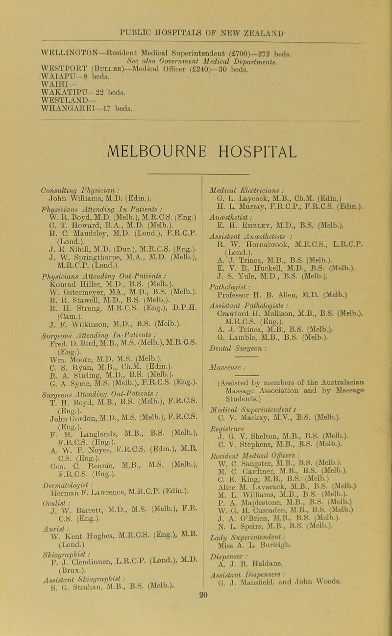 WELLINGTON—Resident Medical Superintendent (£700)—272 beds. See. also Oovermnent Medical Departments. WESTPORT (Buller)—Medical OfTicer (£240)—30 beds. WAIAPU—8 beds. WAIHI— WAKATIPU—22 beds. WESTLAND— WHANGAREI—17 beds. MELBOURNE HOSPITAL Consulting Physician : John WiUianis, M.D. (Edin.). Physicians Attending In-Patients : W. R. Boyd, M.D. (Melb.), M.R.C.S. (Eng.) G. T. Howard, B.A., M.D. (Mslb.). H. C. Maudsley, M.D. (Lond.), F.R.C.P. (Lond.). J. E. NihiU, M.D. (Dur.), M.R.C.S. (Eng.). J. W. Springthorpe, M.A., M.D. (Melb.), M.R.C.P. (Lond.). Physicians Attending Out-Patients : Konrad Hiller, M.D., B.S. (Melb.). W. Ostermeyer, MA., M.D., B.S. (Melb.). R. R. Stawell, M.D., B.S. (Melb.). R. H. Strong, M.R.C.S. (Eng.), D.P.H. (Cam.). J. F. Wilkinson, M.D., B.S. (Melb.). Surgeons Attending In-Patients : Fred. D. Bird, M.B., M.S. (Melb.), M.R.C.S. (Eng.). Wm. Moore, M.D. M.S. (Melb.). C. S. Ryan, M.B., Cb.M. (Edin.). R. A. StirUng, M.D., B.S. (Melb.). G. A. Syme, M.S. (Melb.), F.R.C.S. (Eng.). Surgeons Attending Out-Patients : T. H. Boyd, M.B., B.S. (Melb.), F.R.C.S. (Eng.). John Gordon, M.D., M.S. (Melb.), F.R.C.S. (Eng.). F. H. Langlands, M.B., B.S. (Melb.), F.R.C.S. (Eng.). A. W. F. Noyes, F.R.C.S. (Edin.), M.R. C.S. (Eng.). Geo. C. Rennie, M.B., M.S. (Melb.), F.R.C.S. (Eng.). Dermatologist: „ ,. , Herman F. Lawrence, M.R.C.P. (Edin.). yultst * J. w. Barrett, M.D., M.S. (Melb.), F.R. C.S. (Eng.). Aurist: W. Kent Hughes, (Lond.) Skiagraphist : F. J. Clendinnen, M.R.C.S. (Eng.), M.B. L.R.C.P. (Lond.), M.D. (Brux.). Assistant Skiagraphist: S. G. Straban, M.B., B.S. (Melb.). Medical Electricians : G. L. Laycock, M.B., Cb.M. (Edin.) H. L. Murray, F.R.C.P., F.R.C.S. (Edin.). Ancesthetist: E. H. Embley, M.D., B.S. (Melb.). Assistant Anaesthetists : R. W. Hornabrook, M.R.C.S., L.R.C.P. (Lond.). A. J. Trinca, M.B., B.S. (Melb.). E. V. R. Huokell, M.D., B.S. (Melb.). J. S. Yule, M.D., B.S. (Melb.). Pathologist: Professor H. B. Allen, M.D. (Melb.) Assistant Pathologists : Crawford H. MoUison, M.B., B.S. (Melb.). M.R.C.S. (Eng.). A. J. Trinca, M.B., B.S. (Melb.). G. Lamble, M.B., B.S. (Melb.). Dental Surgeon : Masseuse : (Assisted by members of the Australasian Massage Association and by Massage Students.) Medical Superintendent / C. V. Mackay, M.V., B.S. (Melb.). Registrars J. G. V. Shelton, M.B., B.S. (Melb.). C. V. Stephens, M.B., B.S. (Melb.). Resident Medical Officers : W. C. Sangster, M.B., B.S. (Melb.). M. C. Gardiner, M.B., B.S. (Melb.). C. E. King, M.B., B.S. (Melb.) Alice M. Lavarack, M.B., B.S. (Jlelb.) M. L. Williams, M.B., B.S. (Melb.). P. A. Maplestone, M.B., B.S. (Melb.) W. G. H. Cuscaden, M.B., B.S. (Jlelb.) J. A. O’Brien, M.B., B.S. (Melb.). N. L. Speirs, M.B., B.S. (Melb.). Lady Superintendent : Miss A. L. Burleigh. Dispenser : A. J. B. Haldane. Assistant Dispensers : G. .1. Manslield. and John Woods.