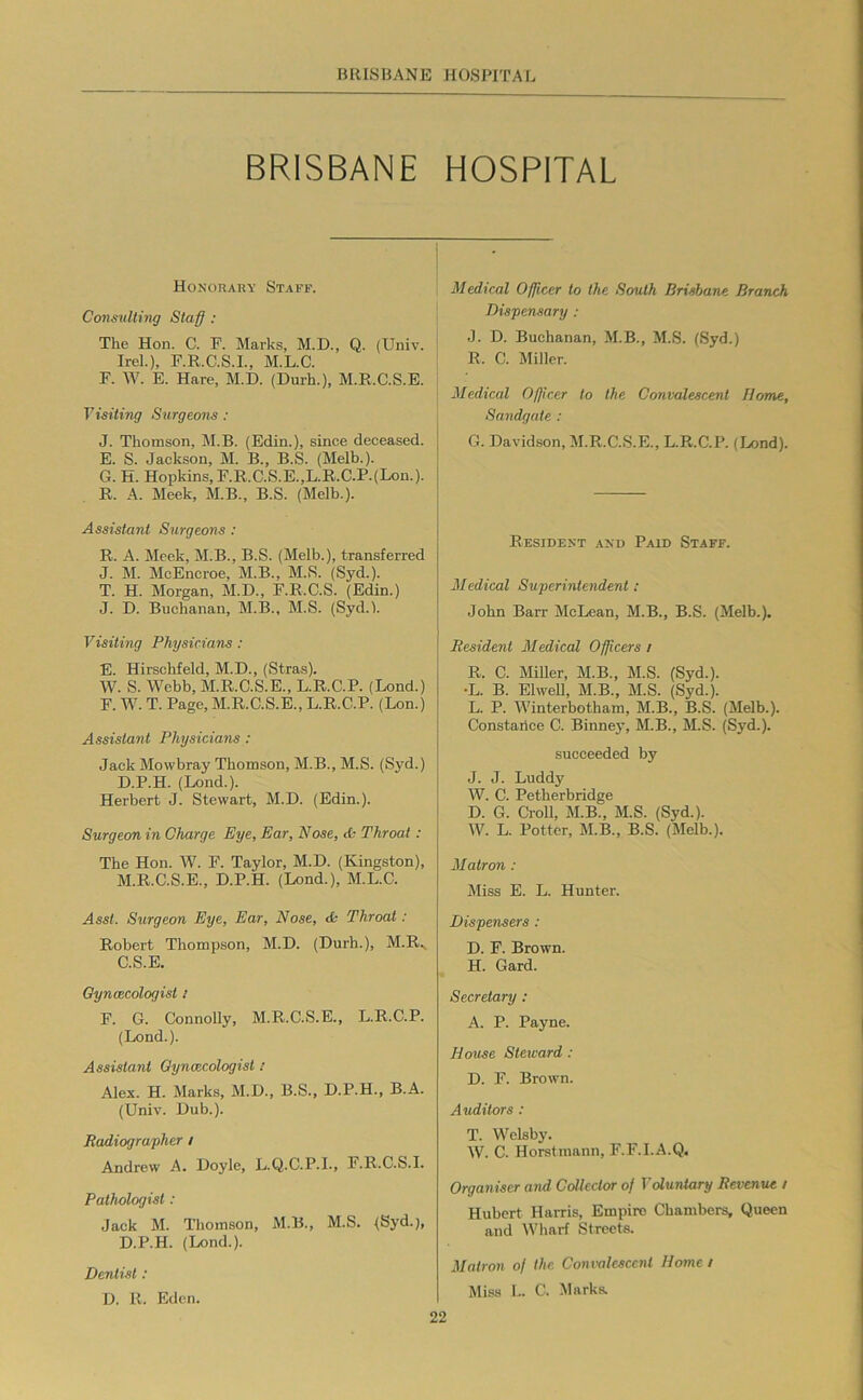 BRISBANE HOSRITAI. BRISBANE HOSPITAL Honorauy Staff. ConsvUing Staff ; The Hon. C. F. Marks, M.D., Q. (Univ. Irel.), F.R.C.S.I., M.L.C. F. W. E. Hare, M.D. (Durh.), M.R.C.S.E. Visiting Surgeons : J. Thomson, M.B. (Edin.), since deceased. E. S. Jackson, M. B., B.S. (Melb.). G. H. Hopkins, F.R.C.S.E.,L.R.C.P.(Lon.). R. A. Meek, M.B., B.S. (Melb.). Assistant Surgeons : R. A. Meek, M.B., B.S. (Melb.), transferred J. M. McEncroe, M.B., M.S. (Syd.). T. H. Morgan, M.D., F.R.C.S. (Edin.) J. D. Buchanan, M.B., M.S. (Syd.V Visiting Physicians: E. Hirschfeld, M.D., (Stras). W. S. Webb, M.R.C.S.E., L.R.C.P. (Bond.) F. W. T. Page, M.R.C.S.E., L.R.C.P. (Lon.) Assistant Physicians: Jack Mowbray Thomson, M.B., M.S. (Syd.) D.P.H. (Lond.). Herbert J. Stewart, M.D. (Edin.). Surgeon in Charge Eye, Ear, Nose, <Si Throat: The Hon. W. F. Taylor, M.D. (Kingston), M.R.C.S.E., D.P.H. (Lond.), M.L.C. Asst. Surgeon Eye, Ear, Nose, tfc Throat: Robert Thompson, M.D. (Durh.), M.R.. C. S.E. Gynaecologist / F. G. Connolly, M.R.C.S.E., L.R.C.P. (Lond.). Assistant Gynaecologist s Alex. H. Marks, M.D., B.S., D.P.H., B.A. (Univ. Dub.). Radiographer / Andrew A. Doyle, L.Q.C.P.I., F.R.C.S.I. Pathologist: Jack M. Thomson, M.B., M.S. <Syd.), D. P.H. (Lond.). Dentist: D. R. Eden. Medical Officer to the South Brisbane Branch Dispensary : J. D. Buchanan, M.B., M.S. (Syd.) R. C. Miller. Medical Officer to the Convalescent Home, Sandgate : G. Davidson, M.R.C.S.E., L.R.C.P. (Lond). Resident and Paid Staff. Medical Superintendent; John Barr McLean, M.B., B.S. (Melb.). Resident Medical Officers i R. C. MiUer, M.B., M.S. (Syd.). •L. B. ElweU, M.B., M.S. (Syd.). L. P. Winterbotham, M.B., B.S. (Melb.). Constarice C. Binnej’, M.B., M.S. (Syd.). succeeded by J. J. Luddy W. C. Petherbridge D. G. Ci-oll, M.B., M.S. (Syd.). W. L. Potter, M.B., B.S. (Melb.). Matron : Miss E. L. Hunter. Dispensers : D. F. Brown. H. Gard. Secretary : A. P. Payne. House Steward : D. F. Brown. Auditors : T. Welsby. W. C. Horstinann, F.F.I.A.Q, Organiser and Collector of Voluntary Revenue t Hubert Harris, Empire Chambers, Queen and Wharf Streets. Matron of the Conmlesccnt Home / Miss I.. C. Marks.