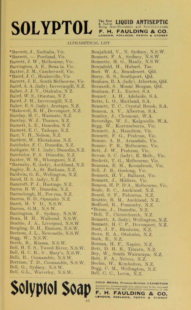 SOLYPTOL Pk®! LIQUID ANTISEPTIC Being Non-Poisonou3 and Non-Ikkitating F. H. FAULDiNG & CO. LONDON, ADELAIDE, PERTH & SYDNEY ALPHABETICAL LIST * Barrett, J., Nathalia, Vic. ♦Barrett,— Portland, Vic. Barrett, J. W , Melbourne, Vic. Barrington, A. E., Bena la, Vic. Baxter, J. M., Camberwell, Vic. ♦Baird, J. C., Healesville, Vic Barrett, J. E., South Melbourne, Vic. Baird, A. A. (lady), Invercargill, N.Z. Baber, J. J. Y., Otahuhu, N Z. Baird, W. S., Otautau, N Z Baird, J. H., Invercargill, N.Z. Baker, E. S. (lad}'^), Aratajm, N.Z. ♦Bakewell, R. H., Devonport, N.Z. Barclay, H. C., Waimate, N.Z. Barclay, W. J., Thames, N Z. Barnett, L. E., Dunedin, N Z Barnett, E. C., Taihape, N.Z. Barr, V. H., Nelson, N.Z. Bartlett, W., Eketaliuna, N.Z. Batchelor, F. C., Dunedin, N.Z. Bathgate, W. I. (lady),Dunedin,N.Z. Batchelor, F. S. Dunedin, N.Z. Baxter, W. W., Mliangarei, N.Z. ♦Barnaby, E. (lady), Auckland, N.Z. Bagley, R. A., St. Bathans, N.Z. Baldwin, G. R., 'Wellington, N.Z. Baird, H. S. (lady), N.Z. Bancroft, P. J., Hastings, N.Z. Baron, R. W., Dunedin, N.Z. Barraclough, H., Por rua, N.Z. Barron, R. D., Opanake N.Z. Baret, H. V D., N.S.W. Barron, G.M., N.S W. Barrington, F., Sydney, N.S.’W. Bean, H H., Wallsend, N.S.W. Beattie, J. A., Liverpool, N.S.W. Beegling, D. H., Enmore, N.S.W. Beetson, J. L., Newcastle, N.S.W. Begg, W., N.S.W. Beeth, R., Kiama, N.S.W. Bell, H. T. S., Tweed River, N.S.W. Bell, H. C. R., S . Mary’s, N.S.W. Belli, R., Coonamble, N.S.W. Bertram, T. D., Coonamble, N.S.W. Bell, G., Sydney, N.S.W. Bell, G.L., Waverley, N.S.W. Benjafield, V., N. Sydney, N.S.W. Bennett, F. A., Sydney, N.S.W. Bennetts, H. G., Manly, N.S.W. Benjafield, H., Hobart, Tas. Beet, W. A., Beaudesert, Qld. Berry, R. S., Southport, Qld. Benham, R. A. (lady), Atherton, Qld. Bernardi, S., Mount Morgan, Qld. Benham, F. L., Exeter, S.A Bennet/, A. H., Adelaide, S.A. Betts, L. 0., Maitland, S.A. Bennett, T. C., Crystal Brook, S.A. Benson, A. V., Alberton, S.A. Bentley, J., Clermont, W.A. Beveridge, W. J., Kalgoorlie, W.A. Begg, W., Korrumburra, Vic. Bennett, A., Hamilton, Vic. Bennett, F. G., Prahran, Vic. Bennie, A. B., Armadale, Vic. Bennie, P. B., Melbourne, Vic. Bett, J. W., Prahran, Vic. Bevan, S. C. (lady), E. Melb., Vic. Beckett, T. G., Melbourne, Vic. Beaman, E. H., Koondrook, Vic. Bell, J. B., Geelong, Vic. Bennett, H. V., Ballarat, Vic. Bennett, J., Mildura, Vic. Benson, H. P. D’A., Melbourne, Vic. Beale, B. C., Auckland, N.Z. Beard, S. F., Pahiatua, N.Z. Beattie, R. M., Auckland, N.Z. Bedford, R., Ponsonby, N.Z. ♦Reims, J., Dunedin, N.Z. *Bell, T., Christchurch, N.Z. Bennett, A. (lady), Wellington, N.Z. Bennett, H. C. P., Devonport, N.Z. Beet, J. F., Blenheim, N.Z. Bews, E. A., Otahuhu, N.Z. Beck, E., N.Z. Bernan, H. F., Napier, N.Z. Bett, D. H. B., Timaru, N.Z. Bey, W., South Wairarapa, N.Z. Bett, F. A., Nelson, N.Z. Beebie, W., Kimbolton, N.Z. Begg, C. M., Wellington, N.Z. Bell, C. C., Levin, N.Z. $OlyplOl $OdP Frvi: 45 EDAL Franco-Britlsh EXHIBITION yet abRolutoly non inniTAxiNo to the skin and mkmuhankb and dcliKhtfulIy nKrnKsiiiNo in use FAULDING & CO. ADELAIDE, PERTH & SYDNEY