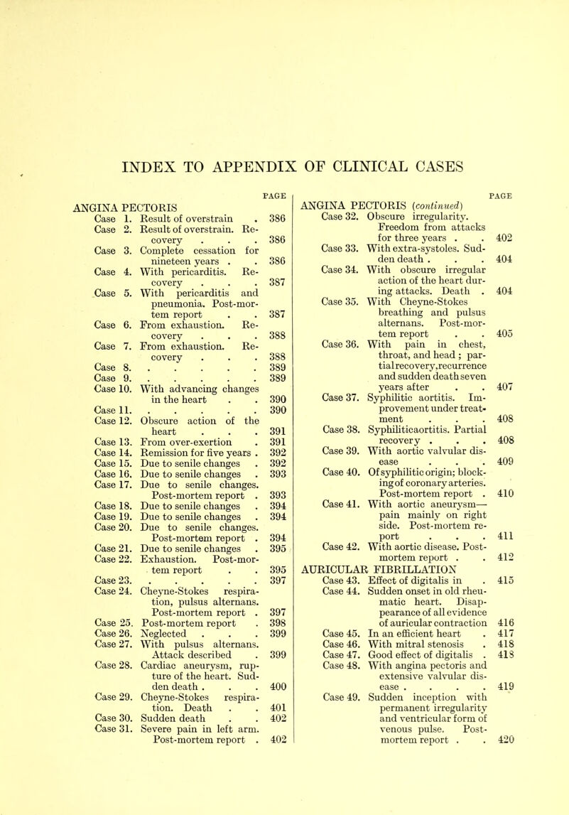 INDEX TO APPENDIX OF CLINICAL CASES ANGINA PECTORIS Case 1. Result of overstrain Case 2. Result of overstrain, covery Case 3. Complete cessation nineteen years . Case 4. With pericarditis, covery Case 5. With pericarditis pneumonia. Post- tern report Case 6. Prom exhaustion. for Re- and mor- Case 7. Case 8. covery From exhaustion. Case 10. With advancing changes in the heart Case 11. Case 12. Case 13. Case 14. Case 15. Case 16. Case 17. Case 18. Case 19. Case 20. Case 21. Case 22. Case 23. Case 24. Obscure action of the heart From over-exertion Remission for five years . Due to senile changes Due to senile changes Due to senile changes. Post-mortem report . Due to senile changes Due to senile changes Due to senile changes. Post-mortem report . Due to senile changes Exhaustion. Post-mor- tem report Cheyne-Stokes respira- tion, pulsus alternans. Post-mortem report . Post-mortem report Neglected With pulsus alternans. Attack described Cardiac aneurysm, rup- ture of the heart. Sud- den death . Case 29. Cheyne-Stokes respira- tion. Death Sudden death Severe pain in left arm. Post-mortem report . Case 25. Case 26. Case 27. Case 28. Case 30. Case 31. 387 387 388 389 389 390 390 391 391 392 392 393 393 394 394 394 395 395 397 397 39S 399 400 401 402 402 ANGINA PECTORIS {continued) Case 32. Obscure irregularity. Freedom from attacks for three years . Case 33. With extra-systoles. Sud- den death . Case 34. With obscure irregular action of the heart dur- ing attacks. Death . Case 35. With Cheyne-Stokes breathing and pulsus alternans. Post-mor- tem report Case 36. With pain in chest, throat, and head ; par- tial recovery,recurrence and sudden death seven years after Case 37. Syphilitic aortitis. Im- provement under treat- ment Case 38. Syphiliticaortitis. Partial recovery . Case 39. With aortic valvular dis- ease 40. Of syphilitic origin; block- ing of coronary arteries. Post-mortem report . Case 41. With aortic aneurysm— pain mainly on right side. Post-mortem re- port Case 42. With aortic disease. Post- mortem report . AURICULAR FIBRILLATION Case 43. Effect of digitalis in Case 44. Sudden onset in old rheu- matic heart. Disap- pearance of all evidence of auricular contraction Case 45. In an efficient heart Case 46. With mitral stenosis Case 47. Good effect of digitalis . Case 48. With angina pectoris and extensive valvular dis- ease .... Case 49. Sudden inception with permanent irregularity and ventricular form of venous pulse. Post- mortem report . 402 404 404 407 408 409 411 412 415 416 417 418 418 419 420