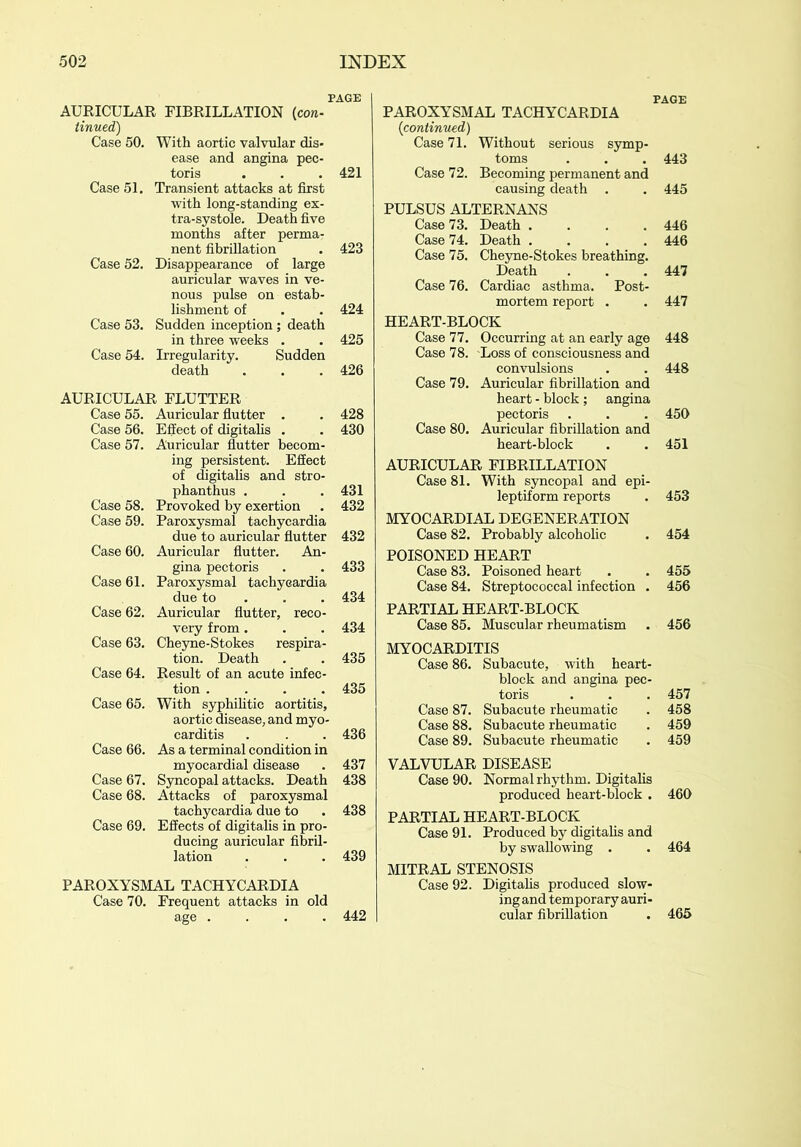 PAGE AURICULAR FIBRILLATION (con- tinued) Case 50. With aortic valvular dis- ease and angina pec- toris 421 Case 51. Transient attacks at first with long-standing ex- tra-systole. Death five months after perma- nent fibrillation 423 Case 52. Disappearance of large auricular waves in ve- nous pulse on estab- lishment of 424 Case 53. Sudden inception; death in three weeks . 425 Case 54. Irregularity. Sudden death 426 AURICULAE FLUTTER Auricular flutter . . 428 Effect of digitalis . . 430 Auricular flutter becom- ing persistent. Effect of digitalis and stro- phanthus . . .431 Provoked by exertion . 432 Paroxysmal tachycardia due to auricular flutter 432 Auricular flutter. An- gina pectoris . . 433 Paroxysmal tachycardia due to 434 Auricular flutter, reco- very from. . . 434 Cheyne-Stokes respira- tion. Death . . 435 Result of an acute infec- tion .... 435 With syphilitic aortitis, aortic disease, and myo- carditis . . . 436 As a terminal condition in myocardial disease . 437 Syncopal attacks. Death 438 Attacks of paroxysmal tachycardia due to . 438 Effects of digitalis in pro- ducing auricular fibril- lation . . . 439 PAROXYSMAL TACHYCARDIA Case 70. Frequent attacks in old age .... 442 PAGE PAROXYSMAL TACHYCARDIA {continued) Case 71. Without serious symp- toms . . . 443 Case 72. Becoming permanent and causing death . . 445 PULSUS ALTERNAXS Case 73. Death .... 446 Case 74. Death .... 446 Case 75. Cheyne-Stokes breathing. Death . . .447 Case 76. Cardiac asthma. Post- mortem report . . 447 HEART-BLOCK Case 77. Occurring at an early age 448 Case 78. Loss of consciousness and convulsions . . 448 Case 79. Auricular fibrillation and heart - block; angina pectoris . . . 450 Case 80. Auricular fibrillation and heart-block . . 451 AURICULAR FIBRILLATION Case 81. With syncopal and epi- leptiform reports . 453 MYOCARDIAL DEGENERATION Case 82. Probably alcoholic . 454 POISONED HEART Case 83. Poisoned heart . . 455 Case 84. Streptococcal infection . 456 PARTIAL HEART-BLOCK Case 85. Muscular rheumatism . 456 MYOCARDITIS Case 86. Subacute, with heart- block and angina pec- toris . . . 457 Case 87. Subacute rheumatic . 458 Case 88. Subacute rheumatic . 459 Case 89. Subacute rheumatic . 459 VALVULAR DISEASE Case 90. Normal rhythm. Digitalis produced heart-block . 460 PARTIAL HEART-BLOCK Case 91. Produced by digitalis and by swallowing . . 464 MITRAL STENOSIS Case 92. Digitalis produced slow- ing and temporary auri- cular fibrillation . 465 Case 55. Case 56. Case 57. Case 58. Case 59. Case 60. Case 61. Case 62. Case 63. Case 64. Case 65. Case 66. Case 67. Case 68. Case 69.
