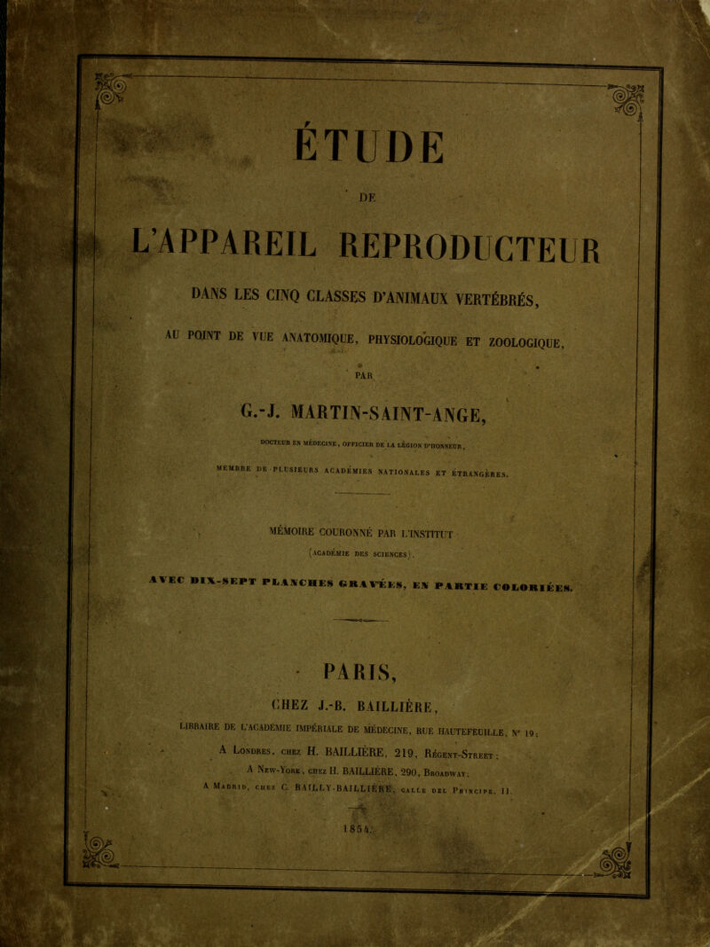 ETUDE DE Wïv1 • .. ■ C B • •> . - L’APPAREIL REPRODUCTEUR DANS LES CINQ CLASSES D’ANIMAUX VERTÉBRÉS, AU POINT DE VUE ANATOMIQUE, PHYSIOLOGIQUE ET ZOOLOGIQUE, PAR. G.-J. MARTIN-SAINT-ANGE, DOCTEUR EN MÉDECINE, OFFICIER DE LA LÉGION D’HONNEUR, MEMBRE UE PLUSIEURS ACADEMIES NATIONALES ET ETRANGERES. MÉMOIRE COURONNÉ PAR L’INSTITUT (académie des sciences), A*EC 1IIV-SEPT PLANCHES 6KAVÉES, EK PARTIE COLORIÉES. PARIS, CHEZ J.-B. BAILLIÈRE, LIBRAIRE de lacadémie impériale de médecine, rue HAUTEFEUILLE, N° 19 A Londres, chez H. BAILLIÈRE, 219, Régent-Street; A New-York, chez H. BAILLIÈRE, 290, Broadway; A Madrid, chez C. BAILLY-BAILLIÈRE, calle del Principe 1) . 1854.