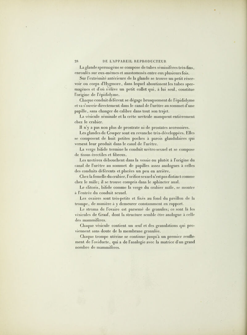 La glande spermagène se compose de tubes séminifères très-fins, enroulés sur eux-mêmes et anastomosés entre eux plusieurs fois. Sur l’extrémité antérieure de la glande se trouve un petit réser- voir ou corps d’Hygmore, dans lequel aboutissent les tubes sper- magènes et d’où s’élève un petit collet qui, à lui seul, constitue l’origine de l’épididyme. Chaque conduit déférent se dégage brusquement de l’épididyme et va s’ouvrir directement dans le canal de l’urètre au sommet cl’une papille, sans changer de calibre dans tout son trajet. La vésicule séminale et la crête urétrale manquent entièrement chez le crabier. 11 n’y a pas non plus de prostrate ni de prostates accessoires. Les glandes de Cowper sont en revanche très-développées. Elles se composent de huit petites poches à parois glandulaires qui versent leur produit dans le canal de l’urètre. La verge bifide termine le conduit urétro-sexuel et se compose de tissus érectiles et fibreux. Les uretères débouchent dans la vessie ou plutôt à l’origine du canal de l’urètre au sommet de papilles assez analogues à celles des conduits déférents et placées un peu en arrière. Chez la femelle du crabier, l’orifice sexuel n’est pas distinct comme chez le mâle; il se trouve compris dans le sphincter anal. Le clitoris, bifide comme la verge du crabier mâle, se montre à l’entrée du conduit sexuel. Les ovaires sont très-petits et fixés au fond du pavillon de la trompe, de manière à y demeurer constamment en rapport. Le stroma de l’ovaire est parsemé de granules; ce sont là les vésicules de Graaf, dont la structure semble être analogue à celle des mammifères. Chaque vésicule contient un œuf et des granulations qui pro- viennent sans doute de la membrane granulée. Chaque trompe utérine se continue jusqu’à un premier renfle- ment de l’oviducte, qui a de l’analogie avec la matrice d’un grand nombre de mammifères.