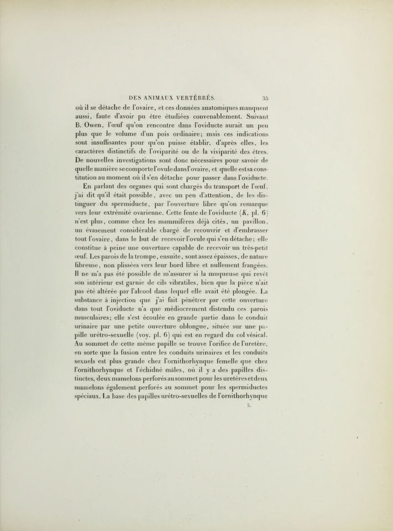 où il se détache de l’ovaire, et ces données anatomiques manquent aussi, faute d’avoir pu être étudiées convenablement. Suivant B. Owen, l’œuf qu’on rencontre dans l’oviducte aurait un peu plus que le volume d’un pois ordinaire; mais ces indications sont insuffisantes pour qu’on puisse établir, d’après elles, les caractères distinctifs de l’oviparité ou de la viviparité des êtres. De nouvelles investigations sont donc nécessaires pour savoir de quelle manière se comporte l’ovule dans l’ovaire, et quelle estsa cons- titution au moment où il s’en détache pour passer dans l’oviducte. En parlant des organes qui sont chargés du transport de l’œuf, j’ai dit qu’il était possible, avec un peu d’attention, de les dis- tinguer du spermiducte, par l'ouverture libre qu’on remarque vers leur extrémité ovarienne. Cette fente de l’oviducte (À, pl. 6) n’est plus, comme chez les mammifères déjà cités, un pavillon, un évasement considérable chargé de recouvrir et d’embrasser tout l’ovaire, dans le but de recevoir l’ovule qui s’en détache; elle constitue à peine une ouverture capable de recevoir un très-petit œuf. Les parois de la trompe, ensuite, sont assez épaisses, de nature fibreuse, non plissées vers leur bord libre et nullement frangées. Il ne m’a pas été possible de m’assurer si la muqueuse qui revêt son intérieur est garnie de cils vibratiles, bien que la pièce n’ait pas été altérée par l’alcool dans lequel elle avait été plongée. La substance à injection que j’ai fait pénétrer par cette ouverture dans tout l’oviducte n’a que médiocrement distendu ces parois musculaires; elle s’est écoulée en grande partie dans le conduit urinaire par une petite ouverture oblongue, située sur une pa- pille urétro-sexuelle (voy. pl. h) qui est en regard du col vésical. Au sommet de cette même papille se trouve l’orifice de l'uretère, en sorte que la fusion entre les conduits urinaires et les conduits sexuels est plus grande chez l’ornithorhynque femelle que chez l’ornithorhynque et l’échidné mâles, où il y a des papilles dis- tinctes, deux mamelons perforés ausommet pour les uretères et deux mamelons également perforés au sommet pour les spermiductes spéciaux. La base des papilles urétro-sexuelles de l’ornithorhynque 5.