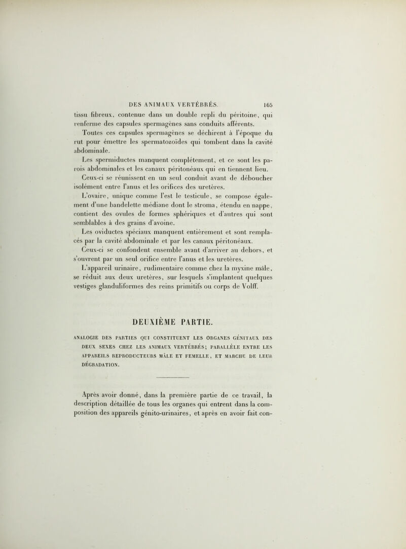 tissu fibreux, contenue clans un double repli du péritoine, cjui renferme des capsules spermagènes sans conduits afférents. Toutes ces capsules spermagènes se déchirent à l’époque du rut pour émettre les spermatozoïdes qui tombent dans la cavité abdominale. Les spermicluctes manquent complètement, et ce sont les pa- rois abdominales et les canaux péritonéaux qui en tiennent fieu. Ceux-ci se réunissent en un seul conduit avant de déboucher isolément entre l’anus et les orifices des uretères. L’ovaire, unique comme l’est le testicule, se compose égale- ment d’une bandelette médiane dont le stroma, étendu en nappe, contient des ovules de formes sphériques et d’autres qui sont semblables à des grains d’avoine. Les oviductes spéciaux manquent entièrement et sont rempla- cés par la cavité abdominale et par les canaux péritonéaux. Ceux-ci se confondent ensemble avant d’arriver au dehors, et s’ouvrent par un seul orifice entre l’anus et les uretères. L’appareil urinaire, rudimentaire comme chez la myxine mâle, se réduit aux deux uretères, sur lesquels s’implantent quelques vestiges glanduliformes des reins primitifs ou corps de Volff. DEUXIÈME PARTIE. ANALOGIE DES PARTIES QUI CONSTITUENT LES ORGANES GENITAUX DES DEUX SEXES CHEZ LES ANIMAUX VERTEBRES; PARALLELE ENTRE LES APPAREILS REPRODUCTEURS MÂLE ET FEMELLE, ET MARCHE DE LEUR DÉGRADATION. Après avoir donné, dans la première partie de ce travail, la description détaillée de tous les organes qui entrent dans la com- position des appareils génito-urinaires, et après en avoir fait con-