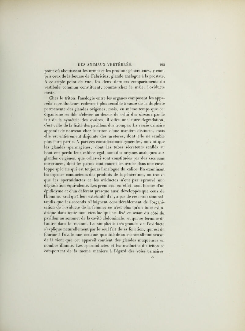 point où aboutissent les urines et les produits générateurs, y com- pris ceux de la bourse de Fabricius, glande analogue à la prostate. A ce triple point de vue, les deux derniers compartiments du vestibule commun constituent, comme chez le mâle, l’oviducte mixte. Chez le triton, l’analogie entre les organes composant les appa- reils reproducteurs redevient plus sensible à cause de la duplicité permanente des glandes ovigènes; mais, en même temps tpie cet organisme semble s’élever au-dessus de celui des oiseaux par le fait de la symétrie des ovaires, il offre une autre dégradation, c’est celle de la fixité des pavillons des trompes. La vessie urinaire apparaît de nouveau chez le triton d’une manière distincte, mais elle est entièrement disjointe des uretères, dont elle ne semble plus faire partie. A part ces considérations générales, on voit que les glandes spermagènes, dont les tubes sécréteurs renflés au bout ont perdu leur calibre égal, sont des organes analogues aux glandes ovigènes; que celles-ci sont constituées par des sacs sans ouvertures, dont les parois contiennent les ovules dans une enve- loppe spéciale qui est toujours l’analogue du calice. En examinant les organes conducteurs des produits de la génération, on trouve que les spermiductes et les oviductes n’ont pas éprouvé une dégradation équivalente. Les premiers, en effet, sont formés d’un épididyme et d’un déférent presque aussi développés que ceux de l’homme, sauf qu’à leur extrémité il n’y a pas de réservoir séminal, tandis que les seconds s’éloignent considérablement de l’organi- sation de l’oviducte de la femme; ce n’est plus qu’un tube cylin- drique dans toute son étendue qui est fixé en avant du côté du pavillon au sommet de la cavité abdominale, et qui se termine de l’autre dans le rectum. La simplicité très-grande de l’oviducte s’explique naturellement par le seul fait de sa fonction, qui est de fournir à l’ovule une certaine quantité de substance albumineuse; de là vient que cet appareil contient des glandes muqueuses en nombre illimité. Les spermiductes et les oviductes du triton se comportent de la même manière à l’égard des voies urinaires. 25.