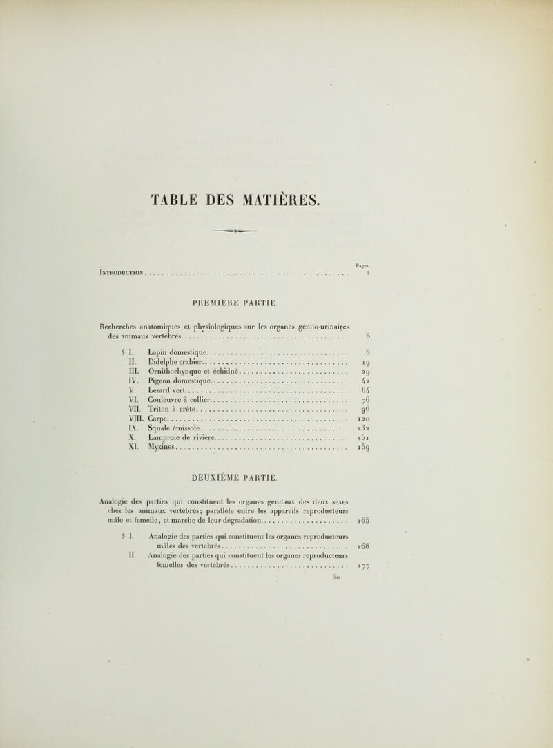 TABLE DES MATIÈRES Pages Introduction 1 PREMIÈRE PARTIE. Recherches anatomiques et physiologiques sur les organes génito-urinaires des animaux vertébrés 6 S I. Lapin domestique 6 II. Didelphe crabier 19 III. Ornithorhynque et échidné 29 IV. Pigeon domestique l\i V. Lézard vert 64 VI. Couleuvre à collier 76 VII. Triton à crête 96 VIII. Carpe 120 IX. Squale émissole i32 X. Lamproie de rivière îüi XL Myxines i5g DEUXIEME PARTIE. Analogie des parties qui constituent les organes génitaux des deux sexes chez les animaux vertébrés; parallèle entre les appareils reproducteurs mâle et femelle, et marche de leur dégradation 165 S 1. Analogie des parties qui constituent les organes reproducteurs mâles des vertébrés 168 II. Analogie des parties qui constituent les organes reproducteurs femelles des vertébrés 177 3o