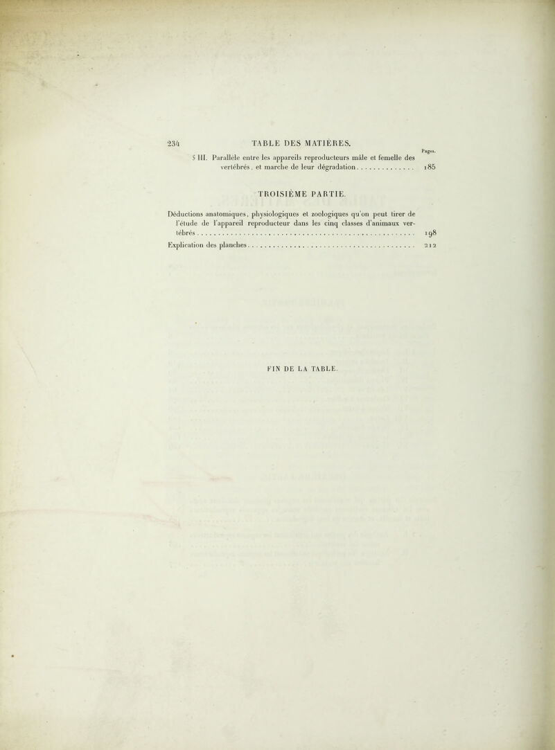 Pages. S III. Parallèle entre les appareils reproducteurs mâle et femelle des vertébrés, et marche de leur dégradation )85 TROISIÈME PARTIE. Déductions anatomiques, physiologiques et zoologiques qu’on peut tirer de l’étude de l’appareil reproducteur dans les cinq classes d’animaux ver- tébrés 198 Explication des planches 212 FIN DE LA TABLE.