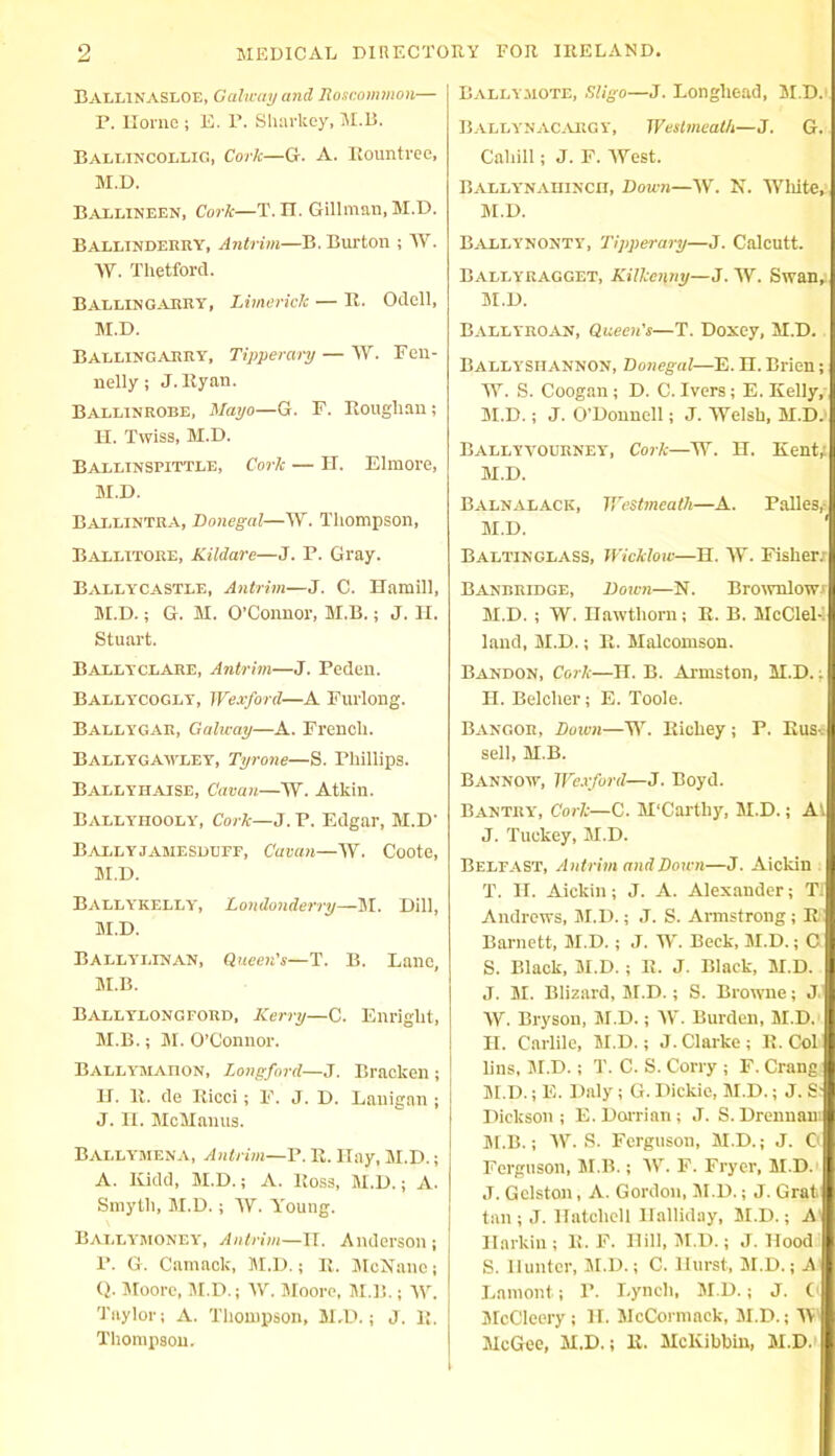BALL1NASLOE, Galway and Roscommon— P. Horne ; E. 1\ Sharkey, M.B. Ballincollig, Cork—G. A. Rountree, AI.D. Ballineen, Cork—T. IT. Gillman, M.D. Ballinderry, Antrim—B. Burton ; AY. AY. Thetforcl. Ballin GARRY, Limerick — R. Odell, M.D. Ballingarry, Tipperary — AY. Fen- nelly; J.Ryan. Ballinrobe, Mayo—G. F. Roughan ; H. Twiss, M.D. BallinSRITTLE, Cork — H. Elmore, M.D. Ballintra, Donegal—AY. Thompson, Ballitore, Kildare—J. P. Gray. Ballycastle, Antrim—J. C. Hamill, M.D.; G. M. O’Connor, M.B.; J. H. Stuart. Ballyclare, Antrim—J. Peden. Ballycogey, Wexford—A Furlong. Baelygar, Galway—A. French. Ballygawley, Tyrone—S. Phillips. Ballyhaise, Cavan—AY. Atkin. Ballyhooly, Cork—J. P. Edgar, M.D' Ballyjamesduff, Cavan—AY. Coote, M.D. Bally k el l y, Londonderry—AI. Dill, M.D. Bata.yianan, Queen’s—T. B. Lane, M.B. Baelylongford, Kerry—C. Enright, M.B.; M. O’Connor. Ballymaiion, Longford—A. Bracken ; H. R. de Ricci; F. J. D. Lanigan ; J. n. McManus. Ballymena, Antrim—P. R. Hay, M.D.; A. Kidd, M.D.; A. Ross, M.D.; A. Smyth, M.D.; AY. Young. Ballymoney, Antrim—II. Anderson; P. G. Camack, M.D.; R. AtcHane; Q. Moore, M.D.; AV. Moore, M.B.; AY. Taylor; A. Thompson, M.D.; J. R. Thompson. Ballymote, Sligo—J. Longhead, AI D. BALLYNACARGY, Westmeath—J. G. Cahill; J. F. AYest. Ballynahinch, Down—AV. N. AVliite,, AI.D. Ballynonty, Tipperary—J. Calcutt. Ballyragget, Kilkenny— J. AY. Swan, AI.D. Ballyroan, Queen's—T. Doxey, M.D. BALLYSHANNON, Donegal—E. H. Brien; AAT. S. Coogan; D. C. Ivers ; E. Kelly, AI.D. ; J. O’Donnell; J. AVelsll, M.D. Ballyvourney, Cork—AY. H. Kent; AI.D. Balnalack, Westmeath—A. Palles,- AI.D. Baltinglass, Wicklow—H. AY. Fishers Banhridge, Down—N. Brownlow; AI. D. ; AY. Hawthorn; R. B. AlcClel- land, AI.D.; R. Alalcomson. Bandon, Cork—H. B. Armston, M.D.; H. Belcher; E. Toole. Bangor, Down—AY. Richey; P. Rus-. sell, M.B. Bannow, Wexford—J. Boyd. Bantiiy, Cork—C. M'Carthy, AI.D.; At J. Turkey, AI.D. Belfast, Antrim and Down—J. Aickin T. II. Aickin; J. A. Alexander; TI Andrews, AI.D.; J. S. Armstrong; R Barnett, AI.D.; J. AY. Beck, AI.D.; C S. Black, AI.D. ; R. J. Black, AI.D. I J. AI. Blizard, AI.D.; S. Browne; J AAr. Bryson, AI.D.; AY. Burden, AI.D. H. Carlile, AI.D.; J. Clarke; R. Col tins, AI.D.; T. C. S. Corry ; F. Crang At.I).; E. Daly; G. Dickie, AI.D.; J. S: Dickson; E.Dorrian; J. S.Drennani ALB.; AY. S. Ferguson, M.D.; J. 0 Ferguson, AI.B.; AY. F. Fryer, AI.D. J. Gclston, A. Gordon, AI.D.; J. Grat tan ; J. Ilatchell Ilalliday, AI.D.; A Ilarkin; R. F. Hill, AI.D.; J. Hood S. Hunter, AI.D.; C. Hurst, AI.D.; .AI Lamont; P. Lynch, AI.D.; J. (I AIcCleery ; H. McCormack, AI.D.; AVI AIcGee, M.D.; R. McKibbin, AI.D. I