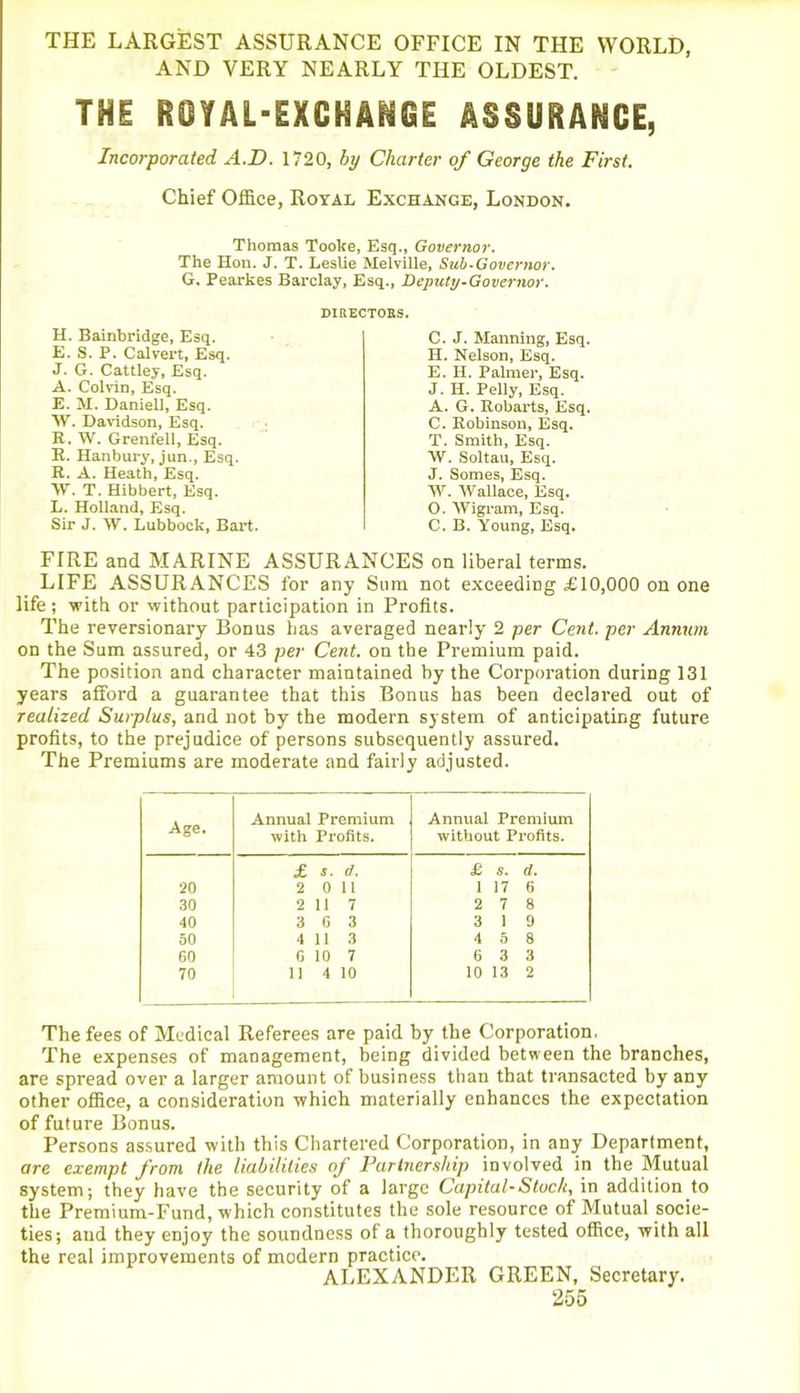 THE LARGEST ASSURANCE OFFICE IN THE WORLD, AND VERY NEARLY THE OLDEST. THE ROYAL-EXCHANGE ASSURANCE, Incorporated. A.D. 1720, by Charter of George the First. Chief Office, Royal Exchange, London. Thomas Tooke, Esq., Governor. The Hon. J. T. Leslie Melville, Sub-Governor. G. Pearkes Barclay, Esq., Deputy •Governor. H. Bainbridge, Esq. E. S. P. Calvert, Esq. J. G. Cattley, Esq. A. Colvin, Esq. E. M. Daniell, Esq. W. Davidson, Esq. R. W. Grenfell, Esq. R. Hanbury, jun., Esq. R. A. Heath, Esq. W. T. Hibbert, Esq. L. Holland, Esq. Sir J. W. Lubbock, Bart. DIRECTORS. C. J. Manning, Esq. H. Nelson, Esq. E. H. Palmer, Esq. J. Ii. Pelly, Esq. A. G. Robarts, Esq. C. Robinson, Esq. T. Smith, Esq. W. Soltau, Esq. J. Somes, Esq. W. Wallace, Esq. O. Wigram, Esq. C. B. Young, Esq. FIRE and MARINE ASSURANCES on liberal terms. LIFE ASSURANCES for any Sum not exceeding £10,000 on one life; with or without participation in Profits. The reversionary Bonus has averaged nearly 2 per Cent, per Annum on the Sum assured, or 43 per Cent, on the Premium paid. The position and character maintained by the Corporation during 131 years afford a guarantee that this Bonus has been declared out of realized Surplus, and not by the modern system of anticipating future profits, to the prejudice of persons subsequently assured. The Premiums are moderate and fairly adjusted. Age. Annual Premium with Profits. Annual Premium without Profits. £ s. d. £ s. d. 20 2 0 11 1 17 6 30 2 11 7 2 7 8 40 3 G 3 3 1 9 50 4 11 3 4 5 8 GO 0 10 7 6 3 3 70 11 4 10 10 13 2 The fees of Medical Referees are paid by the Corporation, The expenses of management, being divided between the branches, are spread over a larger amount of business than that transacted by any other office, a consideration which materially enhances the expectation of future Bonus. Persons assured with this Chartered Corporation, in any Department, are exempt from the liabilities of Partnership involved in the Mutual system; they have the security of a large Capital-Stock, in addition to the Premium-Fund, which constitutes the sole resource of Mutual socie- ties; and they enjoy the soundness of a thoroughly tested office, with all the real improvements of modern practice. ALEXANDER GREEN, Secretary.