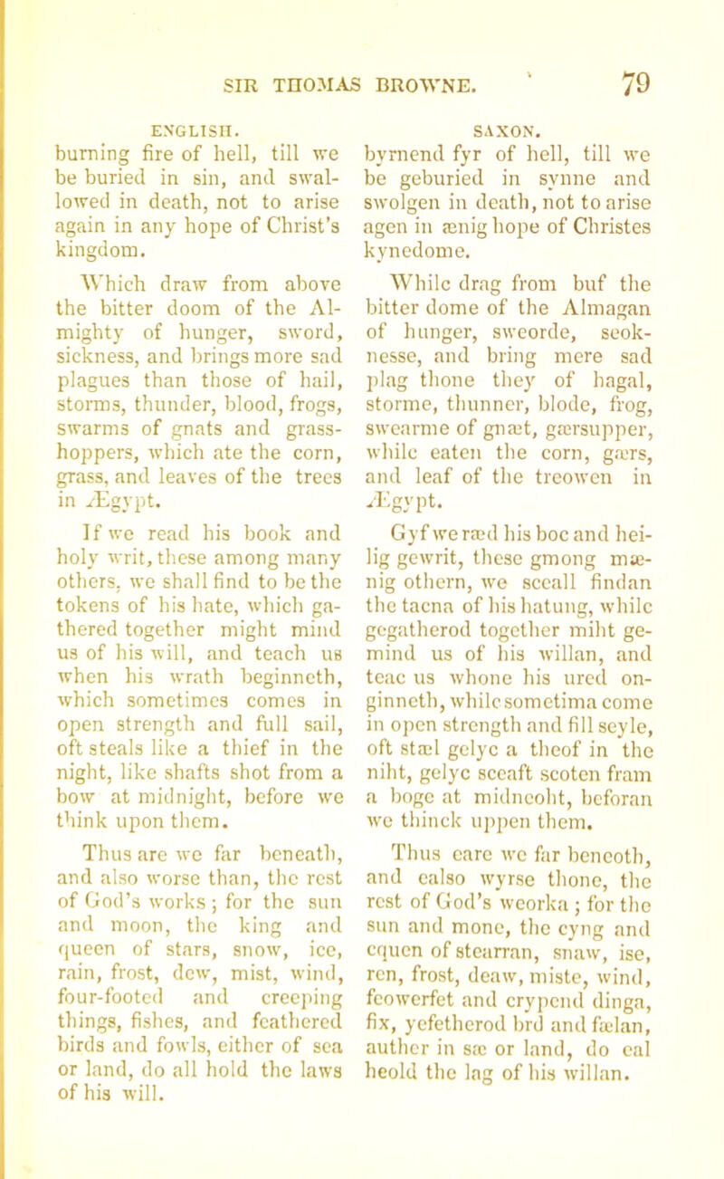 ENGLISH. burning fire of hell, till we be buried in sin, and swal- lowed in death, not to arise again in any hope of Christ’s kingdom. Which draw from above the bitter doom of the Al- mighty of hunger, sword, sickness, and brings more sad plagues than those of hail, storms, thunder, blood, frogs, swarms of gnats and grass- hoppers, which ate the corn, grass, and leaves of the trees in /Egypt. If we read his book and holy writ, these among many others, we shall find to be the tokens of his hate, which ga- thered together might mind us of his will, and teach us when his wrath beginncth, which sometimes comes in open strength and full sail, oft steals like a thief in the night, like shafts shot from a bow at midnight, before we think upon them. Thus are we far beneath, and also worse than, the rest of God’s works ; for the sun and moon, the king and queen of stars, snow, ice, rain, frost, dew, mist, wind, four-footed and creeping things, fishes, and feathered birds and fowls, either of sea or land, do all hold the laws of his will. SAXON. byrnend fyr of hell, till wre be geburied in svnne and swolgen in death, not to arise agen in <enig hope of Christes kynedome. While drag from buf the bitter dome of the Almagan of hunger, sweorde, seok- nesse, and bring mere sad plag thone they of hagai, storme, thunner, blode, frog, swearme of gnait, grersupper, while eaten the corn, g.x’rs, and leaf of the treowen in /Egypt. Gyf weraed his boc and hei- lig gewrit, these gmong mte- nig othern, we sceall findan the tacna of his hatung, while gegatherod together miht ge- mind us of his willan, and teac us whone his ured on- ginneth, whilcsometima come in open strength and fill seyle, oft stall gelyc a theof in the niht, gelyc sceaft scoten fram a boge at midneoht, beforan we thinck uppen them. Thus care we far beneoth, and ealso wyrse thone, the rest of God’s weorka; for the sun and mono, the cyng and cquen of stearran, snaw, ise, ren, frost, deaw, miste, wind, feowerfet and crypend dinga, fix, yefetherod brd andfelan, author in sec or land, do eal heold the lag of his willan.