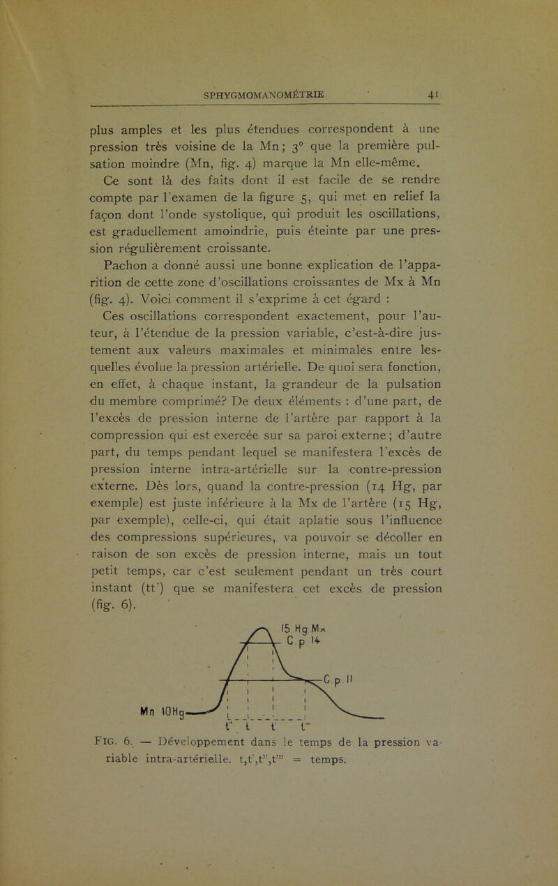 plus amples et les plus étendues correspondent à une pression très voisine de la Mn ; 30 que la première pul- sation moindre (Mn, fi g. 4) marque la Mn elle-même. Ce sont là des faits dont il est facile de se rendre compte par l’examen de la figure 5, qui met en relief la façon dont l’onde systolique, qui produit les oscillations, est graduellement amoindrie, puis éteinte par une pres- sion régulièrement croissante. Pachon a donné aussi une bonne explication de l’appa- rition de cette zone d’oscillations croissantes de Mx à Mn (fig. 4). Voici comment il s’exprime à cet égard : Ces oscillations correspondent exactement, pour l’au- teur, à l’étendue de la pression variable, c’est-à-dire jus- tement aux valeurs maximales et minimales entre les- quelles évolue la pression artérielle. De quoi sera fonction, en effet, à chaque instant, la grandeur de la pulsation du membre comprimé? De deux éléments : d’une part, de l’excès de pression interne de l’artère par rapport à la compression qui est exercée sur sa paroi externe; d’autre part, du temps pendant lequel se manifestera l'excès de pression interne intra-artérielle sur la contre-pression externe. Dès lors, quand la contre-pression (14 Hg, par exemple) est juste inférieure à la Mx de l’artère (15 Hg, par exemple), celle-ci, qui était aplatie sous l’influence des compressions supérieures, va pouvoir se décoller en raison de son excès de pression interne, mais un tout petit temps, car c’est seulement pendant un très court instant (tt') que se manifestera cet excès de pression (fig. 6). Fig. 6. — Développement dans le temps de la pression va- riable intra-artérielle. t,t’,t”3t”! = temps.