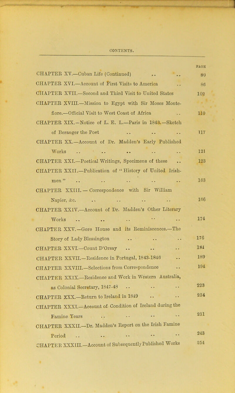 PAGE CHAPTER XV.—Cuban Life (Continued) .. .. 80 CHAPTER XVI.—Account of First Visits to America .. 86 CHAPTER XVII.—Second and Third Visit to United States 102 CHAPTER XVIH.—Mission to Egypt with Sir Moses Monte- fiore.—Official Visit to West Coast of Africa .. 110 CHAPTER XIX.—Notice of L. E. L.—Paris in 1843.—Sketch of Beranger the Poet .. .. .. 117 CHAPTER XX.—Account of Dr. Madden’s Early Published Works .. .. .. .. .. 121 CHAPTER XXI.—Poetical Writings, Specimens of these .. 123 CHAPTER XXII.—Publication of “History of United Irish- men ” .. .. .. .. .. 163 CHAPTER XXIII. — Correspondence with Sir William Napier, &c. ., .. .. .. 166 CHAPTER XXIV.—Account of Dr. Madden’s Other Literary Works .. .. ..  •• 171 CHAPTER XXV.—Gore House and its Reminiscences.—The Story of Lady Blessington .. .. .. 176 CHAPTER XXVI.—Count D’Orsay .. .. .. 181 CHAPTER XXVH.—Residence in Portugal, 1843-1846 .. 189 CHAPTER XXVIII.—Selections from Correspondence .. 191 CHAPTER XXIX.—Residence and Work in Western Australia, as Colonial Secretary, 1847-48 .. .. • • 223 CHAPTER XXX.—Return to Ireland in 1849 .. .. 234 CHAPTER XXXI.—Account of Condition of Ireland during the OQl Famine Years CHAPTER XXXII.—Dr. Madden’s Report on the Irish Famine Period CHAPTER XXXIII.—Account of Subsequently Published Works 254