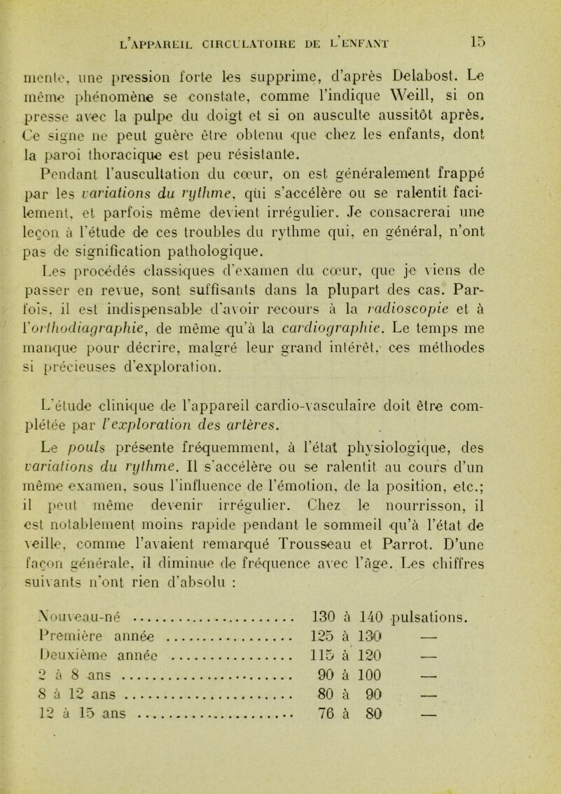 iiienle, une pression forte les supprime, d’après Delabost. Le même phénomène se constate, comme l’indique Weill, si on presse avec la pulpe du doigt et si on ausculte aussitôt après. Ce signe ne peut guère être obtenu que chez les enfants, dont la paroi thoracique est peu résistante. Pendant l’auscultation du cœur, on est généralement frappé par les variations du rythme, qui s’accélère ou se ralentit faci- lement, et parfois même devient irrégulier. Je consacrerai une leçon à l’étude de ces troubles du rythme qui, en général, n’ont pas de signification pathologique. Les procédés classiques d'examen du cœur, que je \iens de passer en revue, sont suffisants dans la plupart des cas. Par- fois. il est indispensable d'a\oir recours à la radioscopie et à ïorUiodiagraphie^ de même qu’à la cardiographie. Le temps me manque pour décrire, malgré leur grand intérêt,' ces méthodes si précieuses d’exploration. L’étude clinique de l’appareil cardioœ asculaire doit être com- plétée par Vexploration des artères. Le pouls présente fréquemment, à l’état physiologique, des variations du rythme. Il s’accélère ou se ralentit au cours d’un même examen, sous rinfluence de l’émotion, de la position, etc.; il peut même devenir irrégulier. Chez le nourrisson, il est notablement moins rapide pendant le sommeil qu’à l’état de \eille, comme rayaient remarqué Trousseau et Parrot. D’une façon générale, il diminue de fréquence a\œc l’àge. Les chiffres sui\ ants n’ont rien d’absolu ; \ou\eau-né 130 à 140 pulsations. Première année 125 à 130 — Deuxième année 115 à 120 — 2 à 8 ans . 8 à 12 ans . 12 à 15 ans 90 à 100 80 à 90 76 à 80