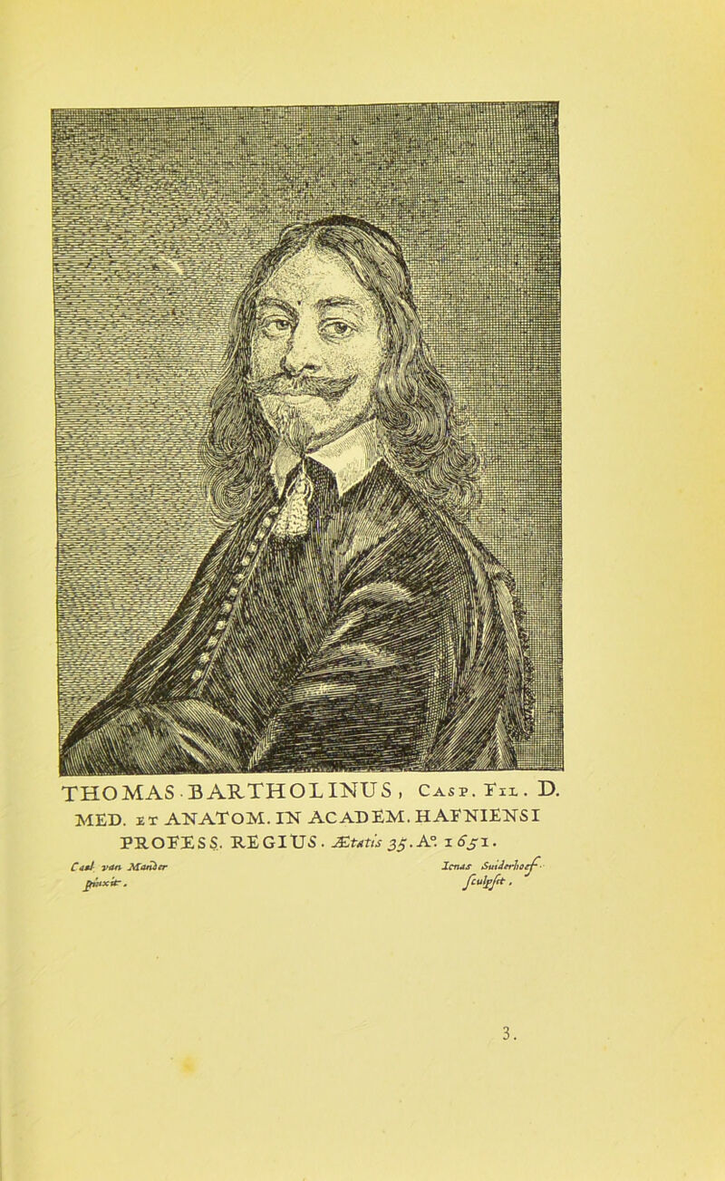 THOMAS BARTHOIINUS , Casp. En.. D. MED. et ANATOM. IN ACAD EM. HAFNIENSI PUOEESS, REGIXJ5. Æutis 35. A°. 1A5-1. C>i*J van Manier Jfrtxkr. Ictus Sutâtrhosf JculjjJèt. 3