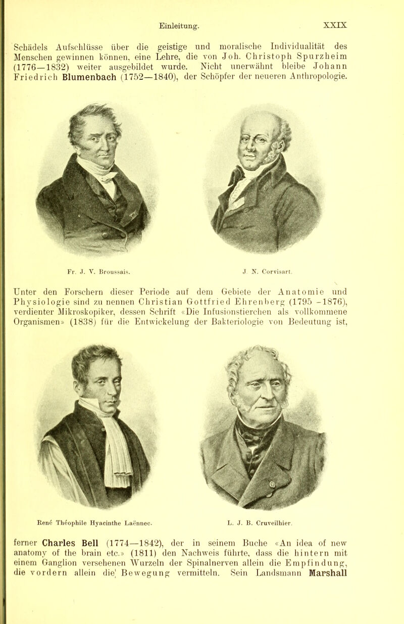 Schädels Aufschlüsse über die geistige und moralische Individualität des Menschen gewinnen können, eine Lehre, die von Joh. Christoph Spurzheim (1776—1832) weiter ausgebildet wurde. Nicht unerwähnt bleibe Johann Friedrich Blumenbach (1752—1840), der Schöpfer der neueren Anthropologie. Fr. .1. V. Broussais. J N. Corvisart. Unter den Forschern dieser Periode auf dem Gebiete der Anatomie und Physiologie sind zu nennen Christian Gottfried Ehrenl)erg (1795 -1876), vei'dienter xMikroskopiker, dessen Schrift «Die Infusionstierchen als vollkommene Organismen» (1838j für die Entwickelung der Bakteriologie von Bedeutung ist, Ren6 Theophile Hyacinthe Laennec. L. J. B. Cruveilhier. ferner Charles Bell (1774—1842), der in seinem Buche «An idea of new anatomy of the brain etc.» (1811) den Nachweis führte, dass die hintern mit einem Ganglion versehenen Wurzeln der Spinalnerven allein die Empfindung, die vordem allein die' Bewegung vermitteln. Sein Landsmann Marshall