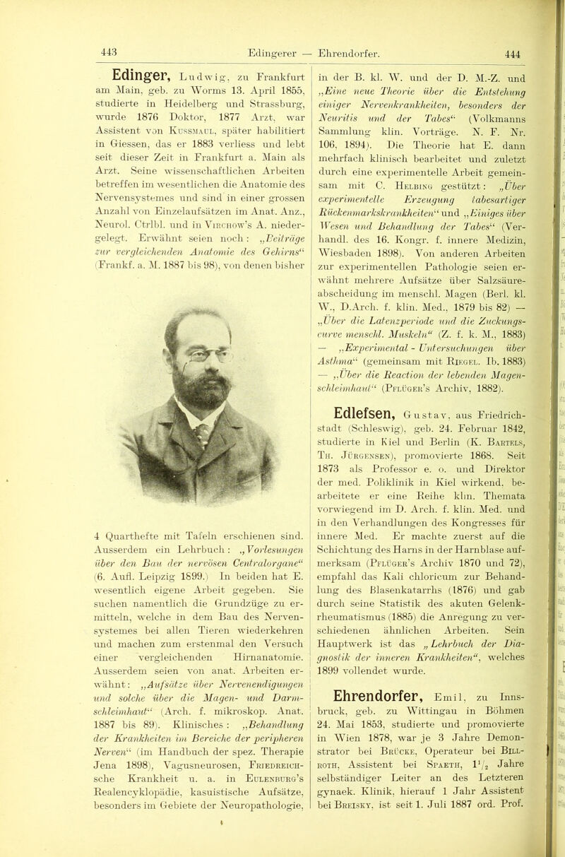 Edingerer — Ehrendorfer. 444 Edinger, Ludwig, zu Frankfurt am Main, geh. zu Worms 13. April 1855, studierte in Heidelberg und [Strassburg, wurde 1876 Doktor, 1877 Arzt, war Assistent von Küsssi.^ul, später habilitiert in Giessen, das er 1883 verliess und lebt seit dieser Zeit in Frankfurt a. Main als Arzt. Seine wissenschaftlichen Arbeiten betreffen im wese:itlicben die Anatomie des Nervensystemes und sind in einer grossen Anzahl von Einzelaufsätzen im Anat. Anz., Neurol. Ctrlbl. und in Viacnow’s A. nieder- gelegt. Erwähnt seien noch : „Leitrüge zur vergleichenden Anatomie des Gehirns“’ (Frankf. a. M. 1887 bis 98), von denen bisher 4 Quarthefte mit Tafeln erschienen sind. Ausserdem ein Lehrbuch: „Vorlesungen über den Bau der nervösen Centralorgane“ (6. Aufl. Leipzig 1899.) Li beiden hat E. wesentlich eigene Arbeit gegeben. Sie suchen namentlich die Grundztige zu er- mitteln, welche in dem Bau des Nerven- systemes hei allen Tieren wiederkelmen und machen zum erstenmal den Versuch einer vergleichenden Hiinanatomie. Ausserdem seien von anat. Arbeiten er- | wähnt: „Aufsätze über Nervenendigungen \ U7id solche über die Magen- und Darm- I Schleimhaut“ (Arch. f. miki’oskop. Anat. 1887 bis 89). Klinisches : „Behaiidlung der Krankheiten im Bereiche der peripheren Nerven“ (im Handbuch der spez. Therapie Jena 1898j, Vagusneurosen, Friedreich- sche Kranklieit u. a. in Eülenburg’s Realencyklopädie, kasuistische Aufsätze, besonders im Gebiete der Neuropathologie, in der B. kl. W. und der D. M.-Z. und „Eine neue Theorie über die Entstehung einiger Nerveidtrankheiten, besonders der Neuritis und der Tabes“ (Volkmanns Sammlung klin. Vorträge. N. F. Nr. 106, 1894). Die Theorie hat E. dann mehrfach klinisch bearbeitet und zuletzt durch eine experimentelle Arbeit gemein- sam mit C. Helbing gestützt: „Vber experimentelle Erzeugung tabesartiger Rücke7miarkskra7ikheite7i“ und „Emiges über Wese7i und Behandlung der Tabes“ (Ver- handl. des 16. Kongr. f. innere Medizin, Wiesbaden 1898). Von anderen Arbeiten zur experimentellen Pathologie seien er- wähnt mehrere Aufsätze über Salzsäure- abscheidung im menschl. Magen (Berl. kl. W., D.Arch. f. klin. Med., 1879 bis 82) — „Über die Late7izperiode U7id die Zuckungs- C7tvve 7ne7ischl. Miiskehi“ (Z. f. k. M., 1883) ' — „Expe7'hne7ital - Ihdersuchioigen über I Asthma“ (gemeinsam mit Riegel. Ib. 1883) 1 — „Uber die Reactio7i der lebe7iden Mage7i- I schlewdumt“ (Pflüger’s Archiv, 1882). i Edlefsen, Gustav, aus Friedrich- stadt (Schleswig), geb. 24. Februar 1842, studierte in Kiel und Berlin (K. Bartels, Th. Jürgensen), promovierte 1868. Seit 1873 als Professor e. o. und Direktor der med. Poliklinik in Kiel wirkend, be- arbeitete er eine Reihe klm. Themata vorwiegend im D. Arch. f. klüi. Med. und in den Verhandlungen des Kongresses für innere Med. Er machte zuerst auf die Schichtung des Harns in der Harnblase auf- merksam (Pflüger’s Archiv 1870 und 72), empfahl das Kali chloricum zur Behand- limg des Blasenkatarrhs (1876) und gab durch seine Statistik des akuten Gelenk- rheumatismus (1885) die Anregung zu ver- schiedenen älmlichen Arbeiten. Sein Hauptwerk ist das „ Lehrbuch der Dia- g7iostik der mnere7i Kra7ikheiten“, welches 1899 vollendet wurde. Ehrendorfer, e mil, zu Inns- bruck, geb. zu Wittingau in Böhmen 24. Mai 1853, studierte und promovierte in Wien 1878, war je 3 Jahre Demon- strator bei Brücke, Operateur bei Bill- ROTH, Assistent bei Spaeth, Vj^ Jahre selbständiger Leiter an des Letzteren gynaek. Klinik, hierauf 1 Jahr Assistent beiBREisKY, ist seit 1. Juli 1887 ord. Prof.