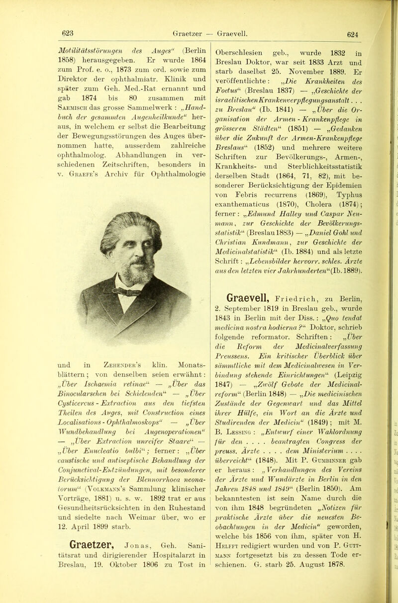 624 Motilitätsstörungen des Axiges“ (Berlin 1858) herausgegeben. Er wurde 1864 zum Prof. e. o., 1873 zum ord. sowie zrrm Direktor der oplithalmiatr. Klinik und später zum Geli. Med.-Bat ernannt und gab 1874 bis 80 zusammen mit Saewisch das grosse Sammelwerk : „Hand- buch der gesammten Augenheilkunde“ her- aus, in welchem er selbst die Bearbeitung der Bewegungsstörungen des Auges über- nommen hatte, arrsserdem zahlreiche ophthalmolog. Abhandlungen in ver- schiedenen Zeitschriften, besonders in V. Graefe’s Archiv für Ophthalmologie und in Zehender’s klin. Monats- blättern ; von denselben seien erwähnt: „über Ischaemia retinae'’^ — „Über das Binocularsehen bei Schielenden'''' — „Über Cysticercus - Extraction aus den tiefsten Theilen des Avges^ mit Construction eines Localisations - Ophthalmoskops“ — „ Über Wundbehandlung bei Augenoperationen“ — „Über Extraction unreifer Staare'^ — „Über Enucleatio bnlbi“; ferner: „Über ccmstische und antiseptische Behandlung der Conjunctival-Ehtzündtmgen, mit besonderer Berücksichtigung der Blennorrhoea neona- toruni'‘ (Volkmann’s Sammlung klinischer Vorträge, 1881) ir. s. w. 1892 trat er aus Gesundheitsrücksichten in den Euhestand und siedelte nach Weimar über, wo er 1 12. April 1899 starb. [ Graetzer, Jonas, Geh. Sani- tätsrat und dirigierender Hospitalarzt in | Breslau, 19. Oktober 1806 zu Tost in ‘ Oberschlesien geh., wurde 1832 in Breslau Doktor, war seit 1833 Arzt und starb daselbst 25. November 1889. Er veröffentlichte: „Die Krankheiten des Foetus“ (Breslau 1837) — „Geschichte der israelitischenKrankenverpflegungsanstalt. . . zu Breslau“ (Ib. 1841) — „Über die Or- ganisation der Armen - Krankenpflege in grösseren Städten'''' (1851) — „Gedanken über die Zukunft der Armen-Krankenpflege Breslaus'-'- (1852) und mehrere weitere Sclniften zur Bevölkerungs-, Armen-, Krankheits- und Sterblichkeitsstatistik derselben Stadt (1864, 71, 82), mit be- sonderer Berücksichtigung der Epidemien von Eebris recm-rens (1869), Typhus exanthematicus (1870), Cholera (1874); ferner : „Edmund Halley U7id Caspar Neu- marm, zur Geschichte der Bevölkermigs- statistik'-'- (Breslau 1883) — „Da^tiel Gohl imd Christian Kundnian^i, zur Geschichte der Medicinalstatistik“ (Ib. 1884) und als letzte Schrift: „Lebensbilder hervorr. schles. Ärzte aus den letzteti vier Jahrhunderten“-(ih-1889). Graevell, Priedrich, zu Berlin, 2. September 1819 in Breslau geb., wurde 1843 in Berlin mit der Diss.: „Quo tendat medicinanostrahodierna?“- Doktor, schrieb folgende reformator. Schriften: „ Über die Beform der Medicmalverfassimg Preussens. Ein kritischer Überblick über sätnfntliche mit dem Medicinalivesen iti Ver- bindung stehende Einrichtmigen'-'' (Leipzig 1847) — „Zwölf Gebote der Medicmal- reform“ (Berlin 1848) — „Die tnedicinischen Zustände der Gegenwart und das Mittel ihrer Hülfe, em Wort an die Ärzte und Studireiiden der Medicm“ (1849); mit M. B. Lessing : „Entwurf eitler Wahlordnung für den .... beantragten Congress der preuss. Ärzte .... dem Ministerium .... überreicht“ (1848). Mit P. Gümbinner gab er heraus: „ Verhandlungen des Vereins der Ärzte und Wundärzte in Berlin in den Jahren 1848 und 1849“ (Berlin 1850). Am bekanntesten ist sein Name durch die von ihm 1848 begründeten „Notizen für 2traktische Ärzte über die neuesten Be- obachtungen in der Mediein“ geworden, welche bis 1856 von ihm, später von H. Helfet redigiert wurden und von P. Gütt- JUNN fortgesetzt bis zu dessen Tode er- schienen. G. starb 25. August 1878.