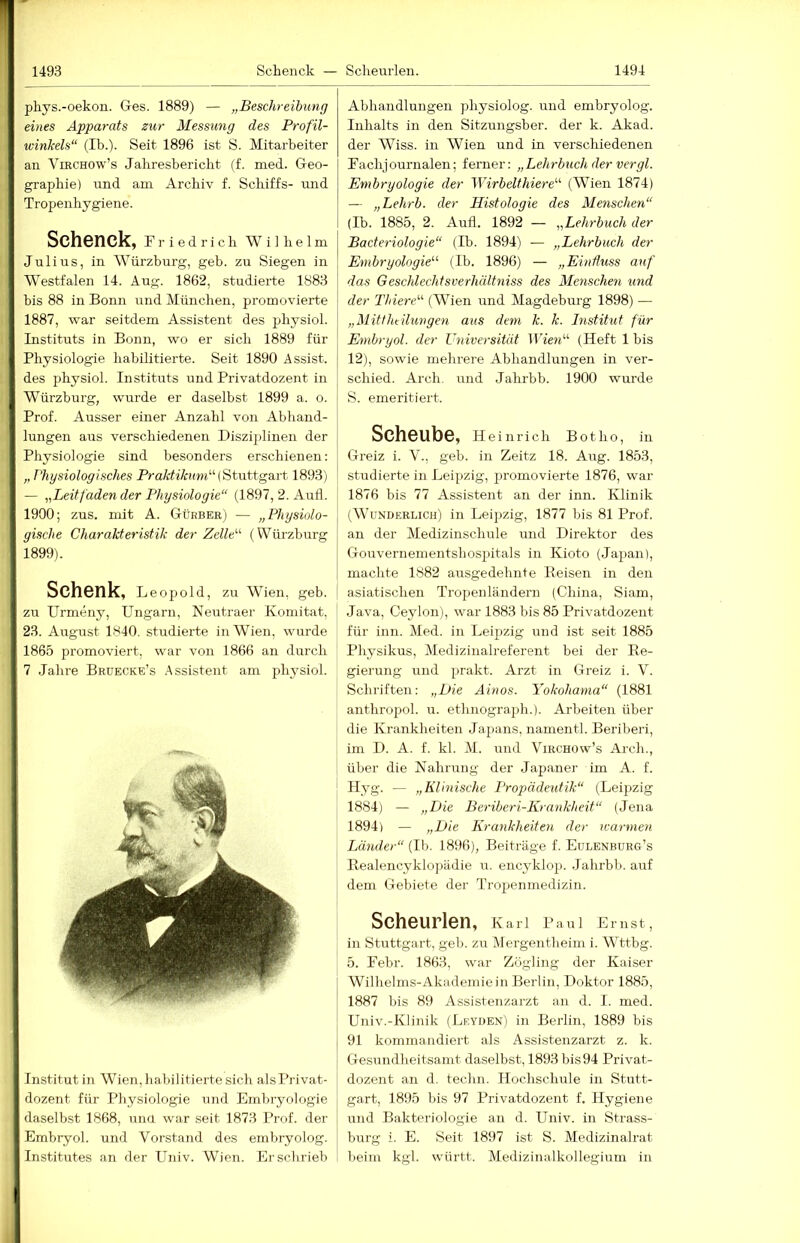 phys.-oekon. Ges. 1889) — „Beschreibung eines Apparats zur Messung des Profil- winkels“ (Ib.). Seit 1896 ist S. Mitarbeiter an VmcHOw’s Jahresbericht (f. med. Geo- graphie) und am Archiv f. Schiffs- und Tropenhygiene. Schenck, Friedrich Wilhelm Julius, in AA^ürzburg, geb. zu Siegen in Westfalen 14. Äug. 1862, studierte 1883 bis 88 in Bonn und Alünchen, promovierte 1887, war seitdem Assistent des physiol. Instituts in Bonn, wo er sich 1889 für Physiologie habilitierte. Seit 1890 Assist, des physiol. Instituts und Privatdozent in Würzburg, wurde er daselbst 1899 a. o. Prof. Ausser einer Anzahl von Abhand- lungen aus verschiedenen Disziplinen der Physiologie sind besonders erschienen: „ Vhysiologisches Stuttgart 1893) — ^^Leitfaden der Physiologie“ (1897, 2. Aufl. 1900; zus. mit A. Gürbee) — „Physiolo- gische Charakteristik der Zelle“ (Würzburg 1899). Schenk, l eopold, zu AAien, geb. zu Urmeny, Ungarn, Neutraer Komitat, 23. August 1840. studierte in Wien, wurde 1865 promoviert, war von 1866 au durch 7 Jahre Bruecke’s Assistent am phj^siol. Institut in AVien, habilitierte sich alsPrivat- dozent für Physiologie und Embryologie daselbst 1868, una war seit 1873 Prof, der Embryol. und Vorstand des embryolog. Institutes an der Univ. Wien. Er schrieb Abhandlungen physiolog. und embryolog. Inhalts in den Sitzungsber. der k. Akad. der Wiss. in Wien und in verschiedenen Eachjournalen; ferner: „Lehrbuch der vergl. Embryologie der Wirbelthiere“ (AVien 1874) — „Lehrb. der Histologie des Menschen“ (Ib. 1885, 2. Aufl. 1892 — ,,Lehrbuch der Bacteriologie“ (Ib. 1894) — „Lehrbuch der Embryologie“ (Ib. 1896) — „Einfluss auf das Geschlechtsverhältniss des Menschen und der Thiere“ (Wien und Alagdeburg 1898) — „Mitthtilungeyi aus dem k. k. Institut für Embryol. der Universität Wien“ (Heft 1 bis 12), sowie mehrere Abhandlungen in ver- schied. Arch. und Jalirbb. 1900 wurde S. emeritiert. Scheube, Heinrich Botho, in Greiz i. V., geb. in Zeitz 18. Aug. 1853, studierte in Leipzig, promovierte 1876, war 1876 bis 77 Assistent an der inn. Klinik (AATnderlich) in Leipzig, 1877 bis 81 Prof, an der Aledizinschule und Direktor des Gouvernementshospitals in Kioto (Japan), machte 1882 ausgedehnte Eeisen in den asiatischen Tropenländern (China, Siam, Java, Ceylon), war 1883 bis 85 Privatdozent für inn. Med. in Leipzig und ist seit 1885 Physikus, Medizinalreferent bei der Ee- gierung und prakt. Arzt in Greiz i. V. Schriften: „Die Ainos. Yokohama“ (1881 anthropol. ir. ethnograph.). Arbeiten über die Krankheiten Japans, namentl. Beriberi, im D. A. f. kl. AL und ATrchow’s Arch., über die Nahrung der Japaner im A. f. Hyg. — „Klinische I’ropädeutik“ (Leipzig 1884) — „Die Beriberi-Krankheit“ (Jena 1894) — „Die Krankheiten der ivarmen Länder“ (Ib. 1896), Beiträge f. Eulbnburg’s Eealencyklojtädie u. encyklop. .lahrbb. auf dem Gebiete der Trojjenmedizin. Scheurlen, Karl Paul Emst, in Stuttgart, geb. zu Alergentheim i. AATtbg. 5. Febr. 1863, war Zögling der Kaiser AVilhelms-Akademiein Berlin, Doktor 1885, 1887 bis 89 Assistenzarzt an d. 1. med. Univ.-Klinik (Leyden) in Berlin, 1889 bis 91 kommandiert als Assistenzarzt z. k. Gesundheitsamt daselbst, 1893 bis94 Privat- dozent an d. techn. Hochschule in Stutt- gart, 1895 bis 97 Privatdozent f. Hygiene und Bakteriologie an d. Univ. in Strass- burg i. E. Seit 1897 ist S. Aledizinalrat beim kgl. württ. Aledizinalkollegium in