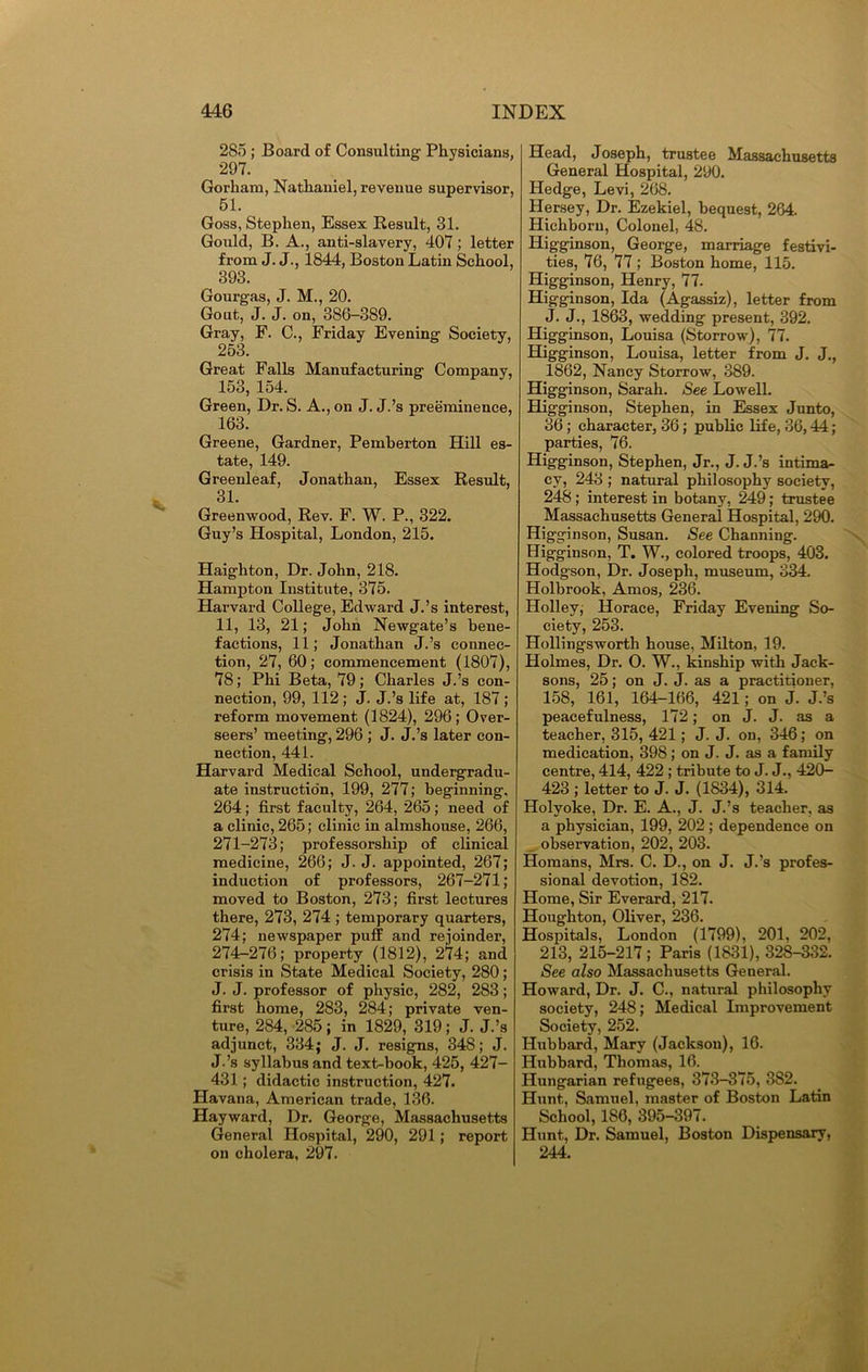 285 ; Board of Consulting Physicians, 297. Gorham, Nathaniel, revenue supervisor, 51. Goss, Stephen, Essex Result, 31. Gould, B. A., anti-slavery, 407; letter from J. J., 1844, Boston Latin School, 393. Gourgas, J. M., 20. Gout, J. J. on, 386-389. Gray, F. C., Friday Evening Society, 253. Great Falls Manufacturing Company, 153, 154. Green, Dr. S. A., on J. J.’s preeminence, 163. Greene, Gardner, Pemberton Hill es- tate, 149. Greenleaf, Jonathan, Essex Result, 31. Greenwood, Rev. F. W. P., 322. Guy’s Hospital, London, 215. Haighton, Dr. John, 218. Hampton Institute, 375. Harvard College, Edward J.’s interest, 11, 13, 21; John Newgate’s bene- factions, 11; Jonathan J.’s connec- tion, 27, 60; commencement (1807), 78; Phi Beta, 79; Charles J.’s con- nection, 99, 112; J. J.’s life at, 187; reform movement (1824), 296; Over- seers’ meeting, 296 ; J. J.’s later con- nection, 441. Harvard Medical School, undergradu- ate instruction, 199, 277; beginning. 264; first faculty, 264, 265; need of a clinic, 265; clinic in almshouse, 266, 271-273; professorship of clinical medicine, 266; J. J. appointed, 267; induction of professors, 267-271; moved to Boston, 273; first lectures there, 273, 274 ; temporary quarters, 274; newspaper puff and rejoinder, 274-276; property (1812), 274; and crisis in State Medical Society, 280; J. J. professor of physic, 282, 283; first home, 283, 284; private ven- ture, 284, 285; in 1829, 319; J. J.’s adjunct, 334; J. J. resigns, 348; J. J.’s syllabus and text-book, 425, 427- 431; didactic instruction, 427. Havana, American trade, 136. Hayward, Dr. George, Massachusetts General Hospital, 290, 291; report on cholera, 297. Head, Joseph, trustee Massachusetts General Hospital, 290. Hedge, Levi, 268. Hersey, Dr. Ezekiel, bequest, 264. Hichborn, Colonel. 48. Higginson, George, marriage festivi- ties, 76, 77 ; Boston home, 115. Higginson, Henry, 77. Higginson, Ida (Agassiz), letter from J. J., 1863, wedding present, 392. Higginson, Louisa (Storrow), 77. Higginson, Louisa, letter from J. J., 1862, Nancy Storrow, 389. Higginson, Sarah. See Lowell. Higginson, Stephen, in Essex Junto, 36; character, 36; public life, 36,44; parties, 76. Higginson, Stephen, Jr., J. J.’s intima- cy, 243 ; natural philosophy society, 248; interest in botany, 249; trustee Massachusetts General Hospital, 290. Higginson, Susan. See Channing. Higginson, T. W., colored troops, 403. Hodgson, Dr. Joseph, museum, 334. Holbrook, Amos, 236. Holley; Horace, Friday Evening So- ciety, 253. Hollingsworth house, Milton, 19. Holmes, Dr. O. W., kinship with Jack- sons, 25; on J. J. as a practitioner, 158, 161, 164-166, 421; on J. J.’s peacefulness, 172; on J. J. as a teacher, 315, 421; J. J. on, 346; on medication, 398; on J. J. as a family centre, 414, 422 ; tribute to J. J., 420- 423 ; letter to J. J. (1834), 314. Holyoke, Dr. E. A., J. J.’s teacher, as a physician, 199, 202; dependence on observation, 202, 203. Homans, Mrs. C. D., on J. J.’s profes- sional devotion, 182. Home, Sir Everard, 217. Houghton, Oliver, 236. Hospitals, London (1799), 201, 202, 213, 215-217; Paris (1831), 328-332. See also Massachusetts General. Howard, Dr. J. C., natural philosophy society, 248; Medical Improvement Society, 252. Hubbard, Mary (Jackson), 16. Hubbard, Thomas, 16. Hungarian refugees, 373-375, 3S2. Hunt, Samuel, master of Boston Latin School, 186, 395-397. Hunt, Dr. Samuel, Boston Dispensary, 244.