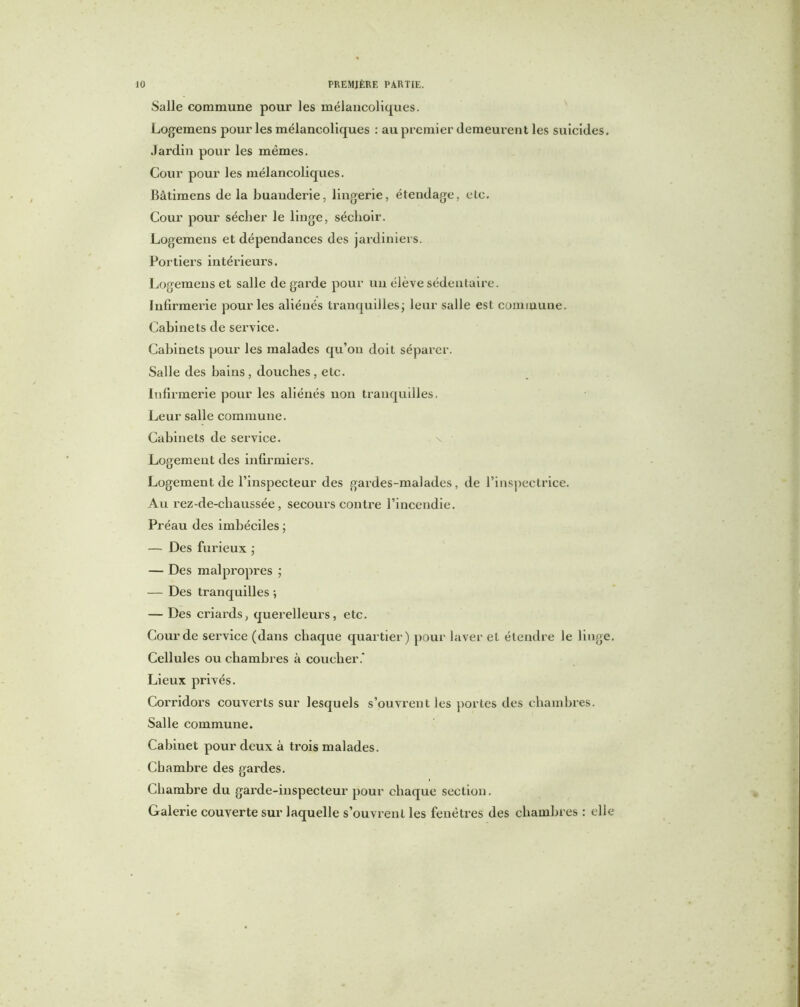 Salle commune pour les mélancoliques. Logemens pour les mélancoliques : au premier demeurent les suicides. Jardin pour les mêmes. Cour pour les mélancoliques. Bâtimens de la buanderie, lingerie, étendage, etc. Cour pour sécher le linge, séchoir. Logemens et dépendances des jardiniers. Portiers intérieurs. Logemens et salle de garde pour un élève sédentaire. Infirmerie pour les aliénés tranquilles; leur salle est commune. Cabinets de service. Cabinets pour les malades qu’on doit séparer. Salle des bains, douches , etc. Infirmerie pour les aliénés non tranquilles. Leur salle commune. Cabinets de service. Logement des infirmiers. Logement de l’inspecteur des gardes-malades, de l’inspectrice. Au rez-de-chaussée, secours contre l’incendie. Préau des imbéciles ; — Des furieux ; — Des malpropres ; — Des tranquilles ; — Des criards, querelleurs, etc. Cour de service (dans chaque quartier) pour laver et étendre le linge. Cellules ou chambres à coucher.* Lieux privés. Corridors couverts sur lesquels s’ouvrent les portes des chambres. Salle commune. Cabinet pour deux à trois malades. Chambre des gardes. Chambre du garde-inspecteur pour chaque section. Galerie couverte sur laquelle s’ouvrent les fenêtres des chambres : elle