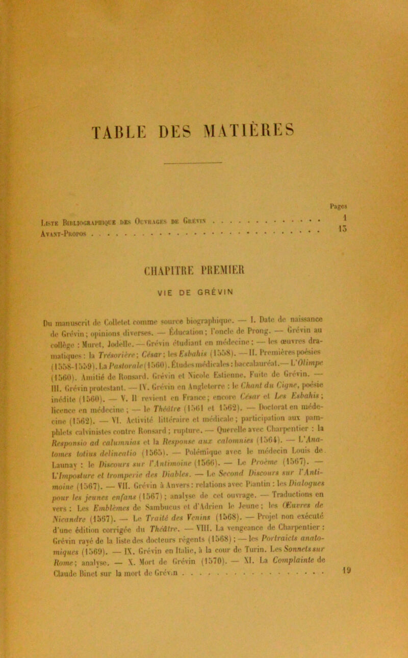 TABLE DES MATIÈRES Pages Ll-TK BlBUOGRAPaïQUE b ES Ot’VRACKS DK (iRÉVIS Av axt-Propos CHAPITRE PREMIER VIE DE GRÉVIN Du manuscrit de Coüetet comme -outre biographique. — I. Date de naissance de Grévin; opinions diverses. — Education; l'oncle de Prong. — Grévin au collège : Muret. Jodêlle. — Grévin étudiant en médecine: — les œuvres dra- matique-: la Trésoriere; César; lesEsbahis (1558). —H. Première-poésies (1558-1559). Ea Pastorale (\hftO). Études médicales : baccalauréat.— L'Olimpc (1500). Amitié de Ronsard. Grévin et Nicole Estienne. Fuite de Grévin. — lll. Grévin protestant. — IV. Grévin en Angleterre : le Chant (In Cujnr. poésie inédite (1560), — V. 11 revient en France; encore Césure l Iss Esbahis; licence en médecine ; - le Tkéâtre (1501 et 1562). — Doctorat en méde- cine (1562). — VI. Activité littéraire et médicale; participation aux pam- phlets calvinistes contre Ronsard; rupture. — Querelle avec Charpentier : la Responsio ad calumnias et la Response une calomnies (1564). — L’Ma- tâmes latins delineatio (1565). — Polémique avec le médecin Louis de I.aunav : le Discours sur f .in/iiiioi#f (1566). Le I loème (lot»/). L'Imposture et tromperie des Diables. — Le Second Discours sur I Anti- moine (1567). — VIL Grévin à Anvers: relations avec Piantin : les Dialogues pour les jeunes enfant ( 1567) ; analyse de cet ouvrage. traductions en vers: Les Emblèmes de Sambucus et d'Adrien le Jeune; les Œuvres de. Mcandre (1557). — Le Traité des Venins (1568). — Projet non exécuté d'une édition corrigée du Théâtre. — MIL La vengeance de Charpentier: Grévin rayé de la liste des docteurs régents (1568); les Porlraicls anato- miques (1569). — IX. Grévin en Italie, à la cour de Turin. Les Sonnets sur Home; analyse. — X. Mort de Grévin (1570). — XL La Complainte de Claude Binet sur la mort de Grévin