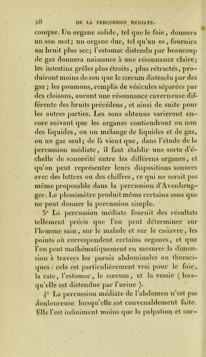 conque. Un organe solide, tel que le foie, donnera un son mat; un organe dur, tel qu’un os, fournira un bruit plus sec; l’estomac distendu par beaucoup de gaz donnera naissance à une résonnance claire; les intestins grêles plus étroits, plus rétractés, pro- duiront moins de son que le cæcum distendu par des gaz ; les poumons, remplis de vésicules séparées par des cloisons, auront une résonnance caverneuse dif- férente des bruits précédens, et ainsi de suite pour les autres parties. Les sons obtenus varieront en- core suivant que les organes contiendront ou non des liquides, ou un mélange de liquides et de gaz, ou un gaz seul; de là vient que, dans l’étude de la percussion médiate, il faut établir une sorte d’é- chelle de sonoréité entre les différens organes, et qu’on peut représenter leurs dispositions sonores avec des lettres ou des chiffres, ce qui ne serait pas même proposable dans la percussion d’Avenbrug- ger. Le plessimètre produit même certains sons que ne peut donner la percussion simple. 5° La percussion médiate fournit des résultats tellement précis que l’on peut déterminer sur l’homme sain , sur le malade et sur le cadavre, les points où correspondent certains organes, et que l’on peut mathématiquement en mesurer la dimen- sion à travers les parois abdominales ou thoraci- ques : cela est particulièrement vrai pour le loie, la rate, l’estomac, le cæcum, et la vessie (lors- qu’elle est distendue par l’urine ). 4° La percussion médiate de l’abdomen n’est pas douloureuse lorsqu’elle est convenablement faite. LUe l’est infiniment moins que la palpation et sur-