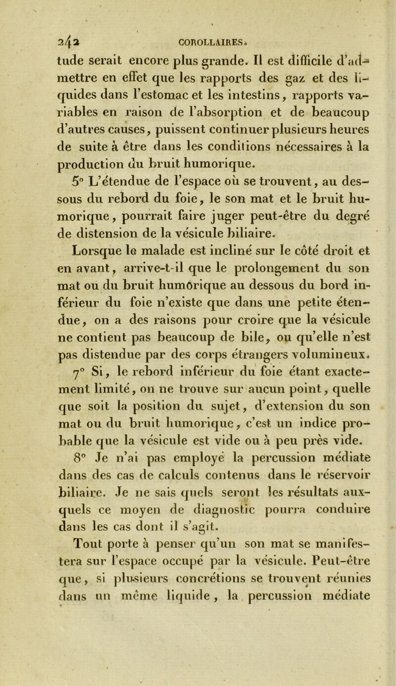 COROLLAIRES, 2/[2 tude serait encore plus grande. Il est difficile cl’ad-* mettre en effet que les rapports des gaz et des li- quides dans l’estomac et les intestins, rapports va- riables en raison de l’absorption et de beaucoup d’autres causes, puissent continuer plusieurs heures de suite à être dans les conditions nécessaires à la production du bruit humorique. 5° L’étendue de l’espace où se trouvent, au des- sous du rebord du foie, le son mat et le bruit hu- morique, pourrait faire juger peut-être du degré de distension de la vésicule biliaire. Lorsque le malade est incliné sur le côté droit et en avant, arrive-t-il que le prolongement du son mat ou du bruit humorique au dessous du bord in- férieur du foie n’existe que dans une petite éten- due, on a des raisons pour croire que la vésicule ne contient pas beaucoup de bile, ou qu’elle n’est pas distendue par des corps étrangers volumineux, 70 Si, le rebord inférieur du foie étant exacte- ment limité, on ne trouve sur aucun point, quelle que soit la position du sujet, d’extension du son mat ou du bruit humoriejue, c’est un indice pro- bable que la vésicule est vide ou à peu près vide. 8° Je n’ai pas employé la percussion médiate dans des cas de calculs contenus dans le réservoir biliaire. Je ne sais quels seront les résultats aux- quels ce moyen de diagnostic pourra conduire dans les cas dont il s’agit. Tout porte à penser qu’un son mat se manifes- tera sur l’espace occupé par la vésicule. Peut-être que, si plusieurs concrétions se trouvent réunies dans un même liquide, la percussion médiate