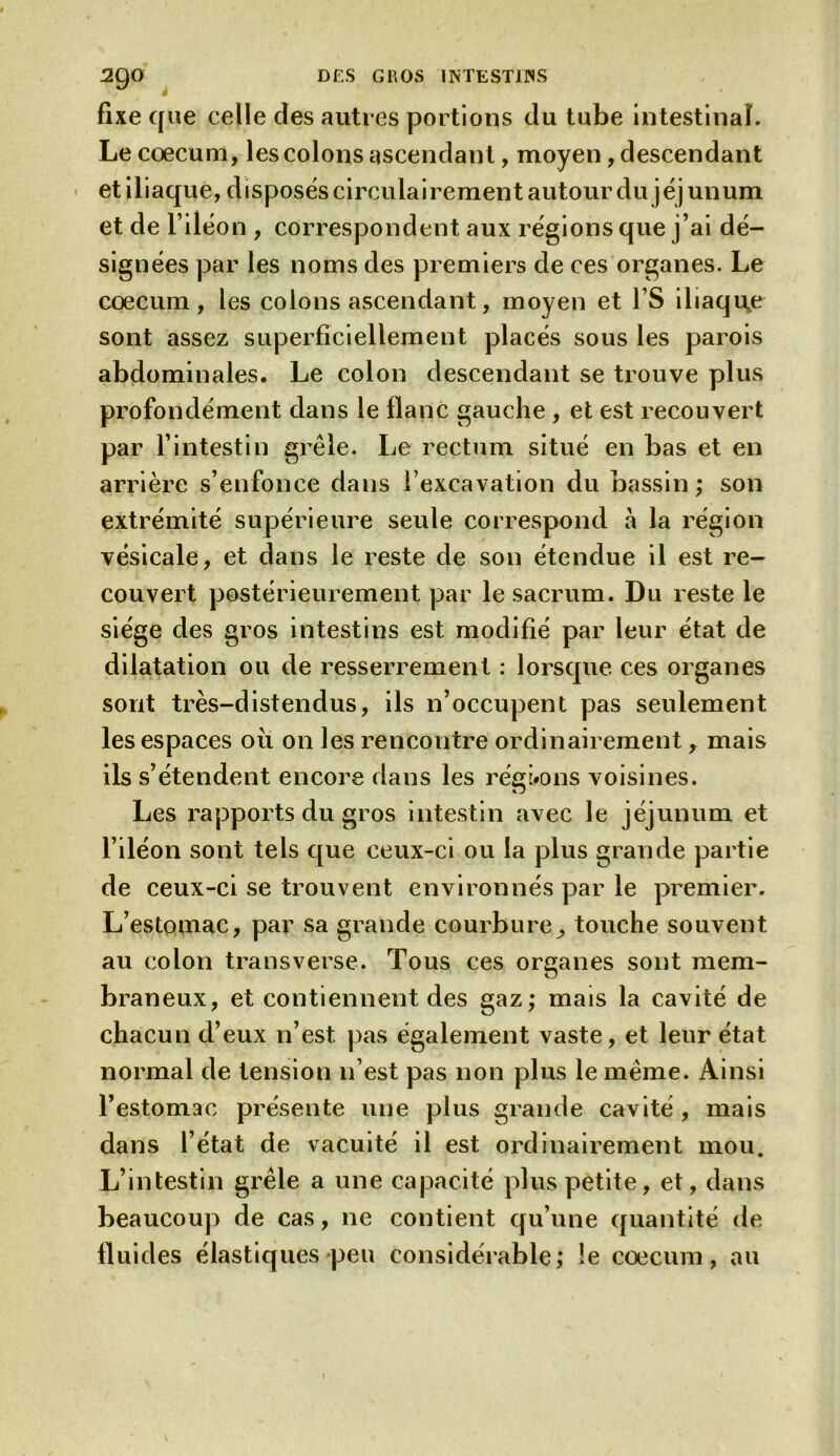 fixe que celle cîes autres portions du tube intestinal. Le cæcum, les colons ascendant, moyen, descendant et iliaque, disposés circulairement autour du jéjunum et de l’iléon , correspondent aux régions que j’ai dé- signées par les noms des premiers de ces organes. Le cæcum, les colons ascendant, moyen et l’S iliaque sont assez superficiellement placés sous les parois abdominales. Le colon descendant se trouve plus profondément dans le flanc gauche , et est recouvert par l’intestin grêle. Le rectum situé en bas et en arrière s’enfonce dans l’excavation du bassin; son extrémité supérieure seule correspond à la région vésicale, et dans le reste de son étendue il est re- couvert postérieurement par le sacrum. Du reste le siège des gros intestins est modifié par leur état de dilatation ou de resserrement : lorsque ces organes sont très-distendus, ils n’occupent pas seulement les espaces où on les rencontre ordinairement, mais ils s’étendent encore dans les régions voisines. Les rapports du gros intestin avec le jéjunum et l’iléon sont tels que ceux-ci ou la plus grande partie de ceux-ci se trouvent environnés par le premier. L’estomac, par sa grande courbure,, touche souvent au colon transverse. Tous ces organes sont mem- braneux, et contiennent des gaz; mais la cavité de chacun d’eux n’est pas également vaste, et leur état normal de tension n’est pas non plus le même. Ainsi l’estomac présente une plus grande cavité , mais dans l’état de vacuité il est ordinairement mou. L’intestin grêle a une capacité plus petite, et, dans beaucoup de cas, ne contient qu’une quantité de fluides élastiques peu considérable; le cæcum, au