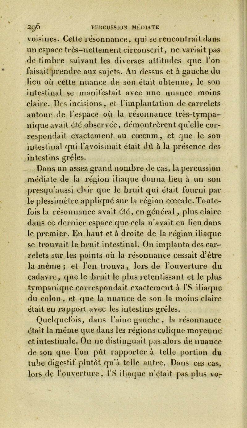 I 296 PERCUSSION MÉDIATE voisines. Cette résonnance, qui se rencontrait dans un espace très-nettement circonscrit, ne variait pas de timbre suivant les diverses attitudes que l’on faisait prendre aux sujets. Au dessus et a gauche du lieu où cette nuance de son était obtenue, le son intestinal se manifestait avec une nuance moins claire. Des incisions, et l’implantation de carrelets autour de l’espace où la résonnance très-tympa- niqueavait été observée, démontrèrent qu’elle cor- respondait exactement au cæcum, et que le son intestinal qui l’avoisinait était dû à la présence des intestins grêles. Dans un assez grand nombre de cas, la percussion médiate de la région iliaque donna lieu à un son presqu’aussi clair que le bruit qui était fourni par le plessimètre appliqué sur la région cœcale. Toute- fois la résonnance avait été, en général, plus claire dans ce dernier espace que cela n’avait eu lieu dans le premier. En haut et à droite de la région iliaque se trouvait le bruit intestinal. O11 implanta des car- relets sur les points où la résonnance cessait d’être la même; et l’on trouva, lors de l’ouverture du cadavre, que le bruit le plus retentissant et le plus tympanique correspondait exactement à l’S iliaque du colon, et que la nuance de son la moins claire était en rapport avec les intestins grêles. Quelquefois, dans l’aine gauche, la résonnance était la même que dans les régions colique moyeune et intestinale. On ne distinguait pas alors de nuance de son que l’on pût rapporter à telle portion du tube digestif plutôt qu’à telle autre. Dans ces cas, lors de l’ouverture, l’S iliaque n’était pas plus vor