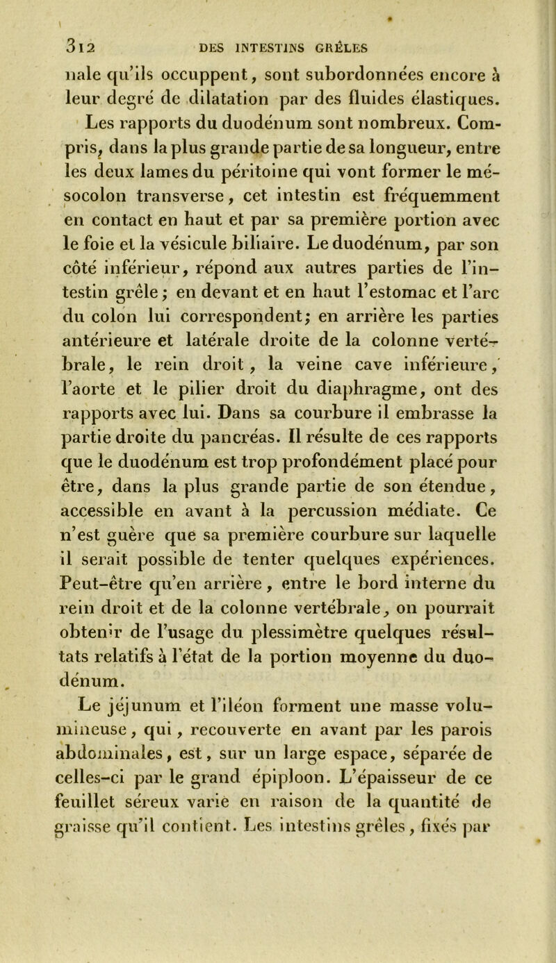 nale qu’ils occuppent, sont subordonnées encore à leur degré de dilatation par des fluides élastiques. Les rapports du duodénum sont nombreux. Com- pris, dans la plus grande partie de sa longueur, entre les deux lames du péritoine qui vont former le mé- socolon transverse, cet intestin est fréquemment en contact en haut et par sa première portion avec le foie et la vésicule biliaire. Le duodénum, par son côté inférieur, répond aux autres parties de l’in- testin grêle ; en devant et en haut l’estomac et l’arc du colon lui correspondent; en arrière les parties antérieure et latérale droite de la colonne verté- brale, le rein droit, la veine cave inférieure, l’aorte et le pilier droit du diaphragme, ont des rapports avec lui. Dans sa courbure il embrasse la partie droite du pancréas. Il résulte de ces rapports que le duodénum est trop profondément placé pour être, dans la plus grande partie de son étendue, accessible en avant à la percussion médiate. Ce n’est guère que sa première courbure sur laquelle il serait possible de tenter quelques expériences. Peut-être qu’en arrière, entre le bord interne du rein droit et de la colonne vertébrale, on pourrait obtenir de l’usage du plessimètre quelques résul- tats relatifs a l'état de la portion moyenne du duo- dénum. Le jéjunum et l’iléon forment une masse volu- mineuse , qui, recouverte en avant par les parois abdominales, est, sur un large espace, séparée de celles-ci par le grand épiploon. L’épaisseur de ce feuillet séreux varie en raison de la quantité de graisse qu’il contient. Les intestins grêles, fixés par