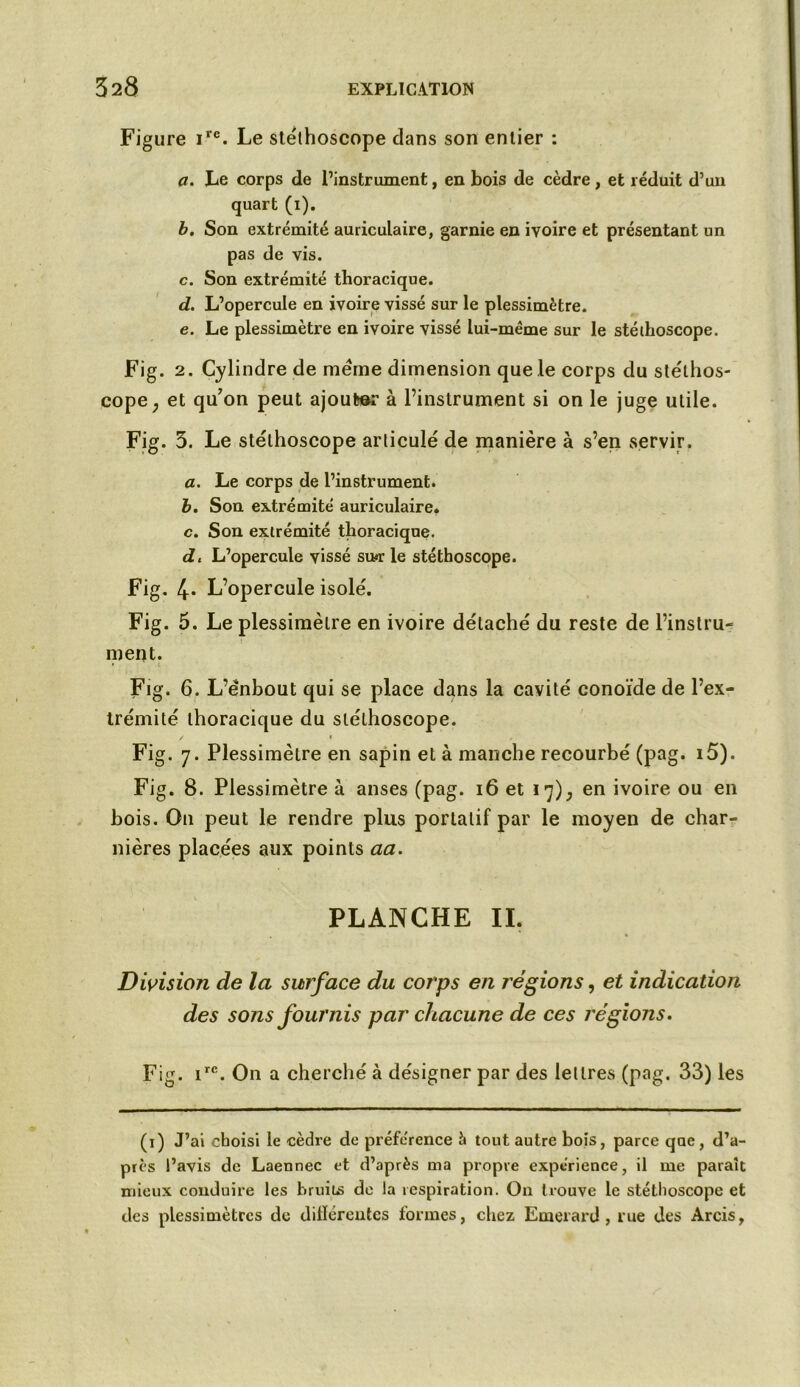 Figure ire. Le stéthoscope dans son entier : a. Le corps de l’instrument, en bois de cèdre, et réduit d’un quart (i). b. Son extrémité auriculaire, garnie en ivoire et présentant un pas de vis. c. Son extrémité thoracique. d. L’opercule en ivoire vissé sur le plessimètre. e. Le plessimètre en ivoire vissé lui-même sur le stéthoscope. Fig. 2. Cylindre de meme dimension que le corps du stéthos- cope ; et qu’on peut ajouter à l’instrument si on le juge utile. Fig. 5. Le stéthoscope articulé de manière à s’en servir. a. Le corps de l’instrument. b. Son extrémité auriculaire. c. Son extrémité thoracique. d. L’opercule vissé su*r le stéthoscope. Fig. 4* L’opercule isolé. Fig. 5. Le plessimètre en ivoire détaché du reste de l’instru- ment. Fig. 6. L’ënbout qui se place dans la cavité conoïde de l’ex- trémité thoracique du stéthoscope. ✓ * , Fig. 7. Plessimètre en sapin et à manche recourbé (pag. i5). Fig. 8. Plessimètre à anses (pag. 16 et 17), en ivoire ou en bois. O11 peut le rendre plus portatif par le moyen de char- nières placées aux points aa. PLANCHE IL Division de la surface du corps en régions, et indication des sons fournis par chacune de ces régions. Fig. irc. On a cherché à désigner par des lettres (pag. 33) les (1) J’ai choisi le cèdre de préférence à tout autre bois, parce que, d’a- près l’avis de Laennec et d’après ma propre expérience, il me paraît mieux conduire les bruits de la respiration. On trouve le stéthoscope et des plessimètrcs de différentes formes, chez, Emerard , lue des Arcis,