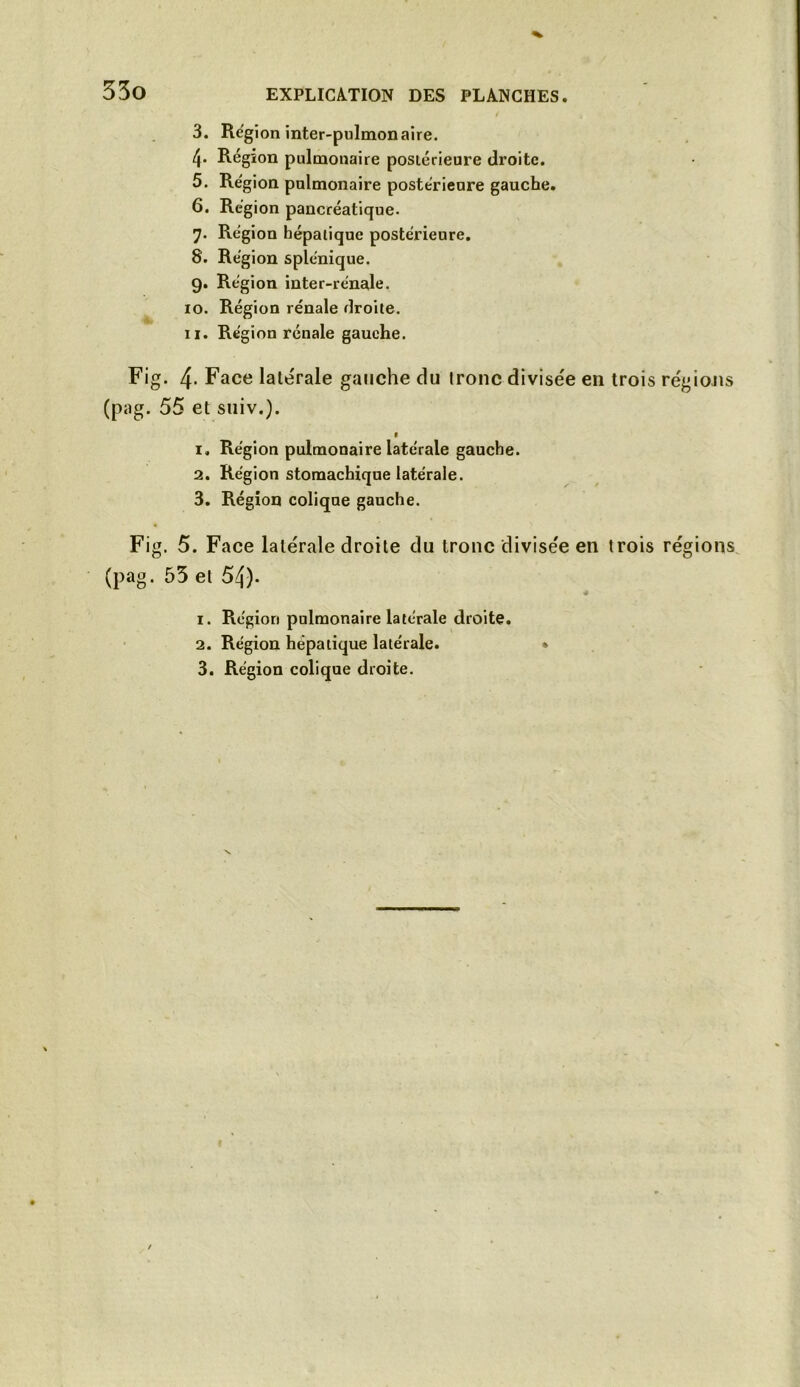 3. Région inter-pulmonaire. 4* Région pulmonaire postérieure droite. 5. Région pulmonaire postérieure gauche. 6. Région pancréatique. 7. Région hépatique postérieure. 8. Région splénique. 9. Région inter-rénale. 10. Région rénale droite. 11. Région rénale gauche. Fig. 4- Face latérale gauche du tronc divisée en trois régions (pag. 55 et suiv.). 1 1. Région pulmonaire latérale gauche. 2. Région stomachique latérale. 3. Région colique gauche. Fig. 5. Face latérale droite du tronc divisée en trois régions (pag. 55 et 54). 1. Région pulmonaire latérale droite. 2. Région hépatique latérale. » 3. Région colique droite.