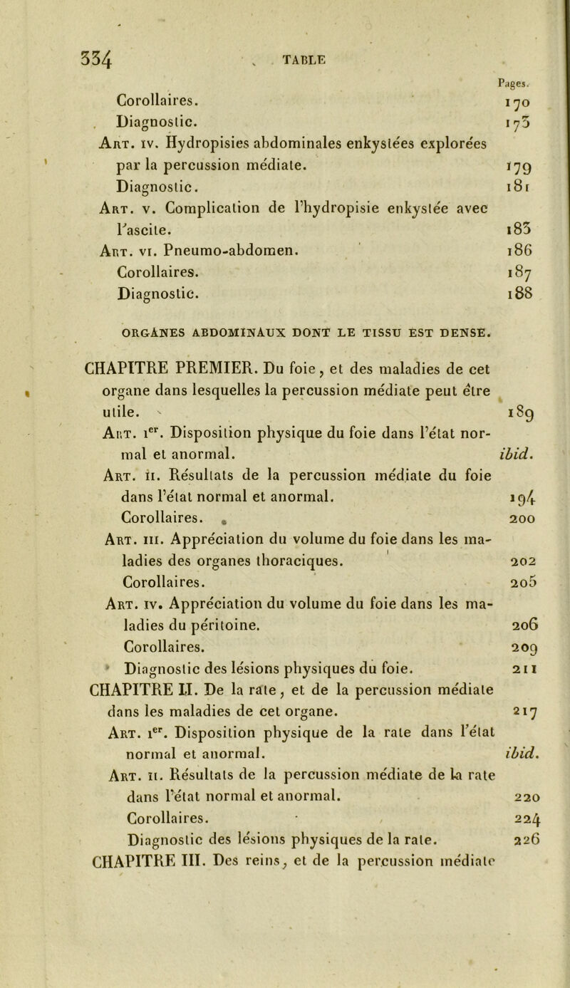 Corollaires. Diagnostic. Pages. I 70 Art. ïv. Hydropisies abdominales enkystées explore'es par la percussion médiale. Diagnostic. 179 18 r Art. v. Complication de l’hydropisie enkystée avec Art. vï. Pneumo-abdomen. Pascile. 185 186 Corollaires. Diagnostic. 187 188 ORGANES ABDOMINAUX DONT LE TISSU EST DENSE. CHAPITRE PREMIER. Du foie, et des maladies de cet organe dans lesquelles la percussion médiate peut être utile. ' 189 Aut. ier. Disposition physique du foie dans l’état nor- mal et anormal. ibid. Art. 11. Résultats de la percussion médiale du foie dans l’état normal et anormal. 194 Corollaires. , 200 Art. iii. Appréciation du volume du foie dans les ma- ladies des organes thoraciques. 202 Corollaires. 2o5 Art. iv. Appréciation du volume du foie dans les ma- ladies du péritoine. 206 Corollaires. 209 Diagnostic des lésions physiques du foie. 211 CHAPITRE II. De la rate, et de la percussion médiale dans les maladies de cet organe. 217 Art. ier. Disposition physique de la rate dans l’état normal et anormal. ibid. Art. 11. Résultats de la percussion médiate de La rate dans l’état normal et anormal. 220 Corollaires. * 224 Diagnostic des lésions physiques de la rate. 226 CHAPITRE III. Des reins, et de la percussion médiale