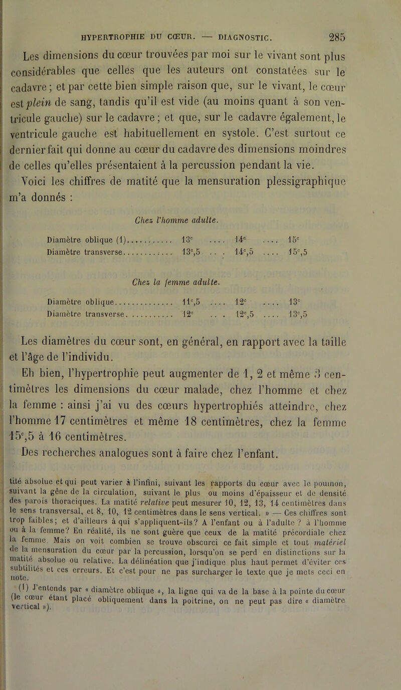 Les dimensions du cœur trouvées par moi sur le vivant sont plus considérables que celles que les auteurs ont constatées sur le cadavre; et par cette bien simple raison que, sur le vivant, le cœur est plein de sang, tandis qu’il est vide (au moins quant à son ven- tricule gauche) sur le cadavre ; et que, sur le cadavre également, le ventricule gauche est habituellement en systole. C’est surtout ce . dernier fait qui donne au cœur du cadavre des dimensions moindres ! de celles qu’elles présentaient à la percussion pendant la vie. Voici les chiffres de matité que la mensuration plessigraphique m’a donnés : Chez l'homme adulte. Diamètre oblique (1) 13e .. 14e .. 15e Diamètre transverse 13e,5 .. . 14e,5 .. .. 15e,5 Chez la femme adulte. Diamètre oblique Uc,5 12e .... 13e Diamètre transverse 12e .. . 12e,5 .... 13e,5 Les diamètres du cœur sont, en général, en rapport avec la taille et l’âge de l’individu. Eh bien, l’hypertrophie peut augmenter de '1, 2 et même :) cen- timètres les dimensions du cœur malade, chez l’homme et chez la femme : ainsi j’ai vu des cœurs hypertrophiés atteindre, chez l’homme 17 centimètres et même 18 centimètres, chez la femme 15e,5 à 16 centimètres. Des recherches analogues sont à faire chez l’enfant. tilé absolue et qui peut varier à l’infini, suivant les rapports du cœur avec le poumon, suivant la gêne de la circulation, suivant le plus ou moins d’épaisseur et de densité des parois thoraciques. La matité relative peut mesurer 10, 12, 13, 1-1 centimètres dans le sens transversal, et 8, 10, 12 centimètres dans le sens vertical. » — Ces ehillYes sont trop faibles; et d’ailleurs à qui s’appliquent-ils? À l’enfant ou à l’adulte ? à l’homme ou à la femme? En réalité, ils ne sont guère que ceux de la matité précordiale chez la femme. Mais on voit combien se trouve obscurci ce fait simple et tout matériel de la mensuration du cœur par la percussion, lorsqu’on se perd en distinctions sur la matile absolue ou relative. La délinéation que j'indique plus haut permet d’éviter ces subtilités et ces erreurs. Et c’est pour ne pas surcharger le texte que je mets ceci en M) J entends par « diamètre oblique «, la ligne qui va de la base à la pointe du cœur ( e cœur étant placé obliquement dans la poitrine, on ne peut pas dire « diamètre vertical »). r
