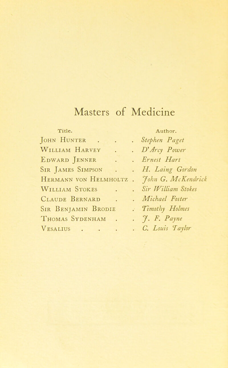 Masters of Medicine Title. John Hunter William Harvey Edward Jenner Sir James Simpson Hermann von Helmholtz William Stokes Claude Bernard Sir Benjamin Brodie Thomas Sydenham V esa LIUS Author. Stephen Paget D' Arcy Power Ernest Hart IP. Laing Gordon John G. McKendrick Sir William Stokes Michael Foster Timothy Holmes J. F. Payne C. Louis Taylor