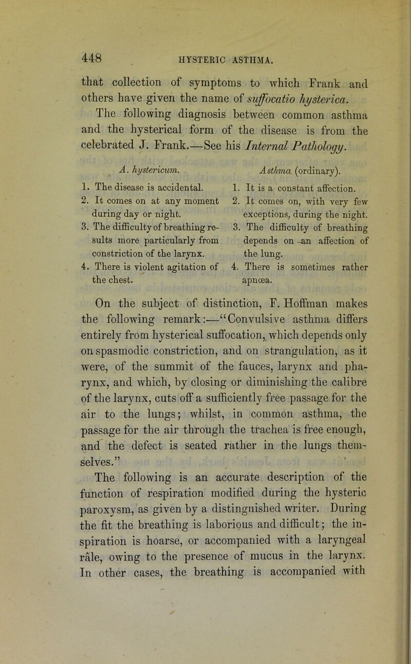 that collection of symptoms to which Frank and others have given the name of suffocatio hysterica. The following diagnosis between common asthma and the hysterical form of the disease is from the celebrated J. Frank.—See his Internal Pathology. A. hystericum. Asthma, (ordinary). 1. The disease is accidental. 1. It is a constant affection. 2. It comes on at any moment 2. It comes on, with very few during day or night. exceptions, during the night. 3. The difficulty of breathing re- 3. The difficulty of breathing suits more particularly from depends on -an affection of constriction of the larynx. the lung. 4. There is violent agitation of 4. There is sometimes rather the chest. apnoea. On the subject of distinction, F. Hoffman makes the following remark:—“Convulsive asthma differs entirely from hysterical suffocation, which depends only on spasmodic constriction, and on strangulation, as it were, of the summit of the fauces, larynx and pha- rynx, and which, by closing or diminishing the calibre of the larynx, cuts off a sufficiently free passage for the air to the lungs; whilst, in common asthma, the passage for the air through the trachea is free enough, and the defect is seated rather in the lungs them- selves.” The following is an accurate description of the function of respiration modified during the hysteric paroxysm, as given by a distinguished writer. During the fit the breathing is laborious and difficult; the in- spiration is hoarse, or accompanied with a laryngeal rale, owing to the presence of mucus in the larynx. In other cases, the breathing is accompanied with