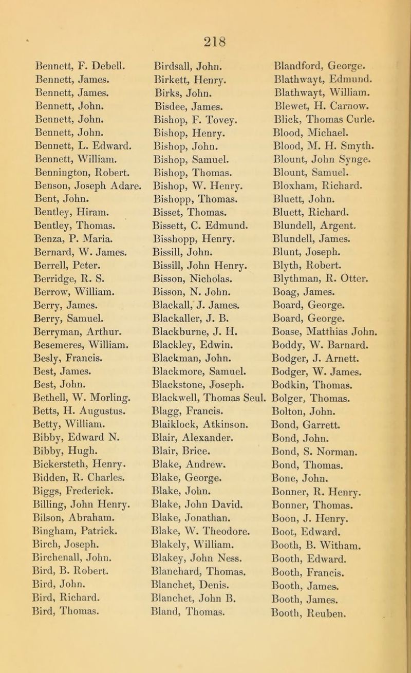 Bennett, F. Debcll. Bennett, James. Bennett, James. Bennett, John. Bennett, John. Bennett, John. Bennett, L. Edward. Bennett, William. Bennington, Robert. Benson, Joseph Adare. Bent, John. Bentley, Hiram. Bentley, Thomas. Benza, P. Maria. Bernard, W. James. Berrell, Peter. Berridge, R. S. Berrow, William. Berry, James. Berry, Samuel. Berryman, Arthur. Besemeres, William. Besly, Francis. Best, James. Best, John. Bethell, W. Morling. Betts, H. Augustus. Betty, William. Bibby, Edward N. Bibby, Hugh. Bickersteth, Henry. Bidden, R. Charles. Biggs, Frederick. Billing, John Henry. Bilson, Abraham. Bingham, Patrick. Birch, Joseph. Birchenall, John. Bird, B. Robert. Bird, John. Bird, Richard. Bird, Thomas. Birdsall, John. Birkett, Henry. Birks, John. Bisdee, James. Bishop, F. Tovey. Bishop, Flenry. Bishop, John. Bishop, Samuel. Bishop, Thomas. Bishop, W. Henry. Bishopp, Thomas. Bisset, Thomas. Bissett, C. Edmund. Bisshopp, Henry. Bissill, John. Bissill, John Henry. Bisson, Nicholas. Bisson, N. John. Blackall,'J. James. Blackaller, J. B. Blackburne, J. H. Blackley, Edwin. Blackman, John. Blackmore, Samuel. Blackstone, Joseph. Blackwell, Thomas Seul. Blagg, Francis. Blaiklock, Atkinson. Blair, Alexander. Blair, Brice. Blake, Andrew. Blake, George. Blake, John. Blake, John David. Blake, Jonathan. Blake, W. Theodore. Blakely, William. Blakey, John Ness. Blanchard, Thomas. Blanchet, Denis. Blanche!, John B. Bland, Thomas. Blandford, George. Blathwayt, Edmund. Blathwayt, William. Blewet, H. Carnow. Blick, Thomas Curie. Blood, Michael. Blood, M. H. Smyth. Blount, John Synge. Blount, Samuel. Bloxham, Richard. Bluett, John. Bluett, Richard. Blundell, Argent. Blundell, James. Blunt, Joseph. Blyth, Robert. Blythman, R. Otter. Boag, James. Board, George. Board, George. Boase, Matthias John. Boddy, W. Barnard. Bodger, J. Arnett. Bodger, W. James. Bodkin, Thomas. Bolger, Thomas. Bolton, John. Bond, Garrett. Bond, John. Bond, S. Norman. Bond, Thomas. Bone, John. Bonner, R. Henry. Bonner, Thomas. Boon, J. Henry. Boot, Edward. Booth, B. Witham. Booth, Edward. Booth, Francis. Booth, James. Booth, James. Booth, Reuben.