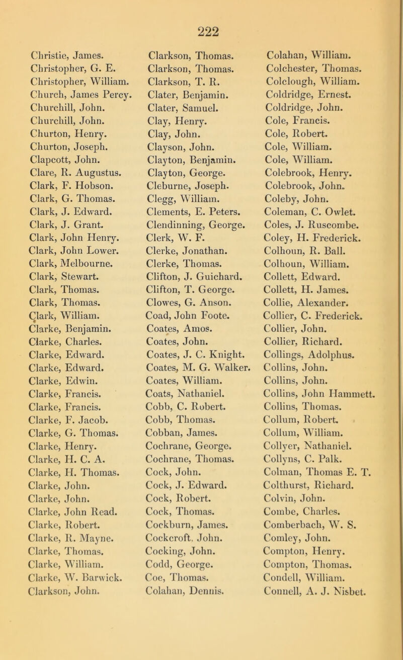 Christie, James. Christopher, G. E. Christopher, William. Church, James Percy. Churchill, John. Churchill, John. Churton, Henry. Churton, Joseph. Clapcott, John. Clare, R. Augustus. Clark, F. Hobson. Clark, G. Thomas. Clark, J. Edward. Clark, J. Grant. Clark, John Henry. Clark, John Lower. Clark, Melbourne. Clark, Stewart. Clark, Thomas. Clark, Thomas. Clark, William. Clarke, Benjamin. Clarke, Charles. Clarke, Edward. Clarke, Edward. Clarke, Edwin. Clarke, Francis. Clarke, Francis. Clarke, F. Jacob. Clarke, G. Thomas. Clarke, Henry. Clarke, H. C. A. Clarke, H. Thomas. Clarke, John. Clarke, John. Clarke, John Read. Clarke, Robert. Clarke, R. Mayne. Clarke, Thomas. Clarke, William. Clarke, W. 15arwick. Clarkson, John. Clarkson, Thomas. Clarkson, Thomas. Clarkson, T. R. Clater, Benjamin. Clater, Samuel. Clay, Henry. Clay, John. Clayson, John. Clayton, Benjamin. Clayton, George. Cleburne, Joseph. Clegg, William. Clements, E. Peters. Clendinning, George. Clerk, W. F. Clerke, Jonathan. Clerke, Thomas. Clifton, J. Guichard. Clifton, T. George. Clowes, G. Anson. Coad, John Foote. Coates, Amos. Coates, John. Coates, J. C. Knight. Coates, M. G. Walker. Coates, William. Coats, Nathaniel. Cobb, C. Robert. Cobb, Thomas. Cobban, James. Cochrane, George. Cochrane, Thomas. Cock, John. Cock, J. Edward. Cock, Robert. Cock, Thomas. Cockburn, James. Cockcroft. John. Cocking, John. Codd, George. Coe, Thomas. Colahan, Dennis. Colahan, William. Colchester, Thomas. Colclough, William. Coldridge, Ernest. Coldridge, John. Cole, Francis. Cole, Robert. Cole, William. Cole, William. Colebrook, Henry. Colebrook, John. Coleby, John. Coleman, C. Owlet. Coles, J. Ruscombe. Coley, H. Frederick. Colhoun, R. Ball. Colhoun, William. Collett, Edward. Collett, H. James. Collie, Alexander. Collier, C. Frederick. Collier, John. Collier, Richard. Codings, Adolphus. Collins, John. Collins, John. Collins, John Hammett. Collins, Thomas. Collum, Robert. Collum, William. Collyer, Nathaniel. Collyns, C. Palk. Colman, Thomas E. T. Colthurst, Richard. Colvin, John. Combe, Charles. Comberbach, W. S. Comley, John. Compton, Henry. Compton, Thomas. Condell, William. Connell, A. J. Nisbet.