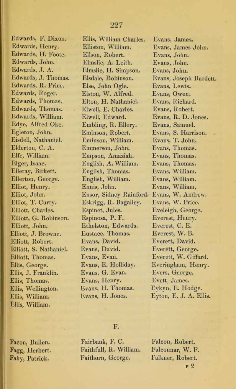 Edwards, F. Dixon. Edwards, Henry. Edwards, H. Foote. Edwards, John. Edwards, J. A. Edwards, J. Thomas. Edwards, R. Price. Edwards, Roger. Edwards, Thomas. Edwards, Thomas. Edwards, William. Edye, Alfred Oke. Egleton, John. Eisdell, Nathaniel. Elderton, C. A. Elfe, William. Eiger, Isaac. Elleray, Birkett. Ellerton, George. Elliot, Henry. Elliot, John. Elliot, T. Curry. Elliott, Charles. Elliott, G. Robinson. Elliott, John. Elliott, J. Browne. Elliott, Robert. Elliott, S. Nathaniel. Elliott, Thomas. Ellis, George. Ellis, J. Franklin. Ellis, Thomas. Ellis, Wellington. Ellis, William. Ellis, William. Ellis, William Charles. Elliston, William. Ellson, Robert. Elmslie, A. Leith. Elmslie, H. Simpson. Elsdale, Robinson. Else, John Ogle. Elston, W. Alfred. Elton, H. Nathaniel. Elwell, E. Charles. El well, Edward. Embling, R. Ellery. Eminson, Robert. Eminson, William. Emmerson, John. Empson, Amaziah. English, A. William. English, Thomas. English, William. Ennis, John. Ensor, Sidney Rainford. Eskrigg, R. Bagalley. Espinet, Jules. Espinosa, P. F. Ethelston, Edwards. Eustace, Thomas. Evans, David. Evans, David. Evans, Evan. Evans, E. Holliday. Evans, G. Evan. Evans, Henry. Evans, H. Thomas. Evans, H. Jones. Evans, James. Evans, James John. Evans, John. Evans, John. Evans, John. Evans, Joseph Burdett. Evans, Lewis. Evans, Owen. Evans, Richard. Evans, Robert. Evans, R. D. Jones. Evans, Samuel. Evans, S. Harrison. Evans, T. John. Evans, Thomas. Evans, Thomas. Evans, Thomas. Evans, William. Evans, William. Evans, William, Evans, W. Andrew. Evans, W. Price. Eveleigh, George. Everest, Henry. Everest, C. E. Everest, W. B. Everett, David. Everett, George. Everett, W. Giffard. Everingham, Henry. Evers, George. Evett, James. Eykyn, E. Hodge. Eyton, E. J. A. Ellis. Facon, Bullen. Fagg, Herbert. Fahy, Patrick. F. Fairbank, F. C. Faithfull, R. William. Faithorn, George. Falcon, Robert. Falconnar, W. F. Falkner, Robert. p 2