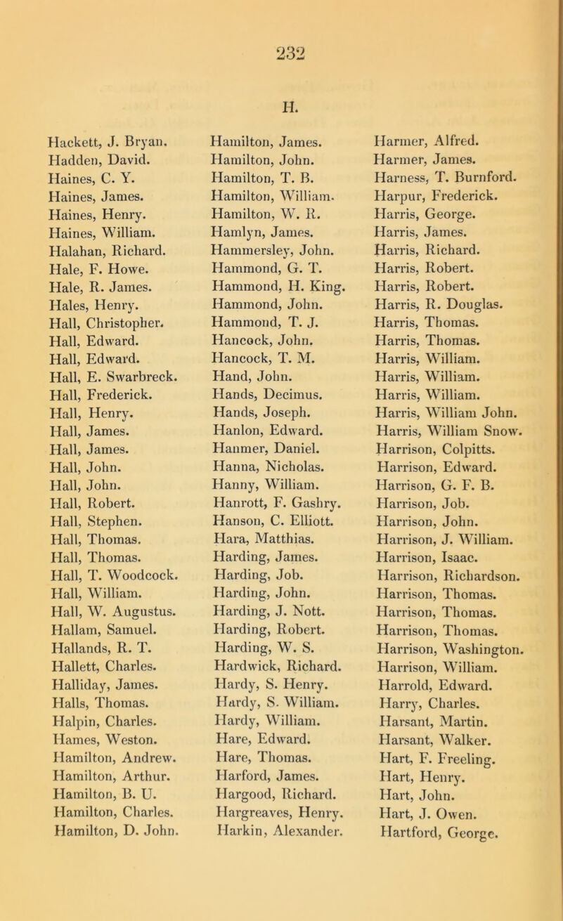 H. flackett, J. Bryan. Hadden, David. Haines, C. Y. Haines, James. Haines, Henry. Haines, William. Halahan, Richard. Hale, F. Howe. Hale, R. James. Hales, Henry. Hall, Christopher. Hall, Edward. Hall, Edward. Hall, E. Swarbreck. Hall, Frederick. Hall, Henry. Hall, James. Hall, James. Hall, John. Hall, John. Hall, Robert. Hall, Stephen. Hall, Thomas. Hall, Thomas. Hall, T. Woodcock. Hall, William. Hall, W. Augustus. Hallam, Samuel. Hallands, R. T. Hallett, Charles. Halliday, James. Halls, Thomas. Halpin, Charles. Hames, Weston. Hamilton, Andrew. Hamilton, Arthur. Hamilton, B. U. Hamilton, Charles. Hamilton, D. John. Hamilton, James. Hamilton, John. Hamilton, T. B. Hamilton, William. Hamilton, W. R. Hamlyn, James. Hammersley, John. Hammond, G. T. Hammond, H. King. Hammond, John. Hammond, T. J. Hancock, John. Flancock, T. M. Hand, John. Hands, Decimus. Hands, Joseph. Hanlon, Edward. Hanmer, Daniel. Hanna, Nicholas. Hanny, William. Hanrott, F. Gashry. Hanson, C. Elliott. Hara, Matthias. Harding, James. Harding, Job. Harding, John. Harding, J. Nott. Harding, Robert. Harding, W. S. Hardwick, Richard. Hardy, S. Henry. Hardy, S. William. Hardy, William. Hare, Edward. Hare, Thomas. Harford, James. Hargood, Richard. Hargreaves, Henry. Markin, Alexander. Harnier, Alfred. Harmer, James. Harness, T. Burnford. Harpur, Frederick. Harris, George. Harris, .James. Harris, Richard. Harris, Robert. Harris, Robert. Harris, R. Douglas. Harris, Thomas. Harris, Thomas. Harris, William. Harris, William. Harris, William. Harris, William John. Harris, William Snow. Harrison, Colpitts. Harrison, Edward. Harrison, G. F. B. Harrison, Job. Harrison, John. Harrison, J. William. Harrison, Isaac. Harrison, Richardson. Harrison, Thomas. Harrison, Thomas. Harrison, Thomas. Harrison, Washington. Harrison, William. Harrold, Edward. Harry, Charles. Harsant, Martin. Harsant, Walker. Hart, F. Freeling. Hart, Henry. Hart, John. Hart, J. Owen. Hartford, George.