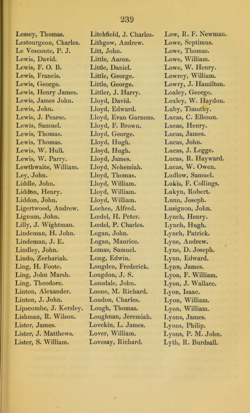 Lessey, Thomas. Lestourgeon, Charles. Le Vesconte, P. J. Lewis, David. Lewis, F. O. B. Lewis, Francis. Lewis, George. Lewis, Henry James. Lewis, James John. Lewis, John. Lewis, J. Pearse. Lewis, Samuel. Lewis, Thomas. Lewis, Thomas. Lewis, W. Hull. Lewis, W. Parrv. Lewthwaite, William. Ley, John. Liddle, John. Liddon, Henry. Liddon, John. Ligertwood, Andrew. Lignum, John. Lilly, J. Wightman. Lindeman, H. John. Lindeman, J. E. Lindley, John. Lindo, Zechariah. Ling, H. Foote. Ling, John Marsh. Ling, Theodore. Linton, Alexander. Linton, J. John. Lipscombe, J. Kersley. Lishman, R. Wilson. Lister, James. Lister, J. Matthews. Lister, S. William. Litchfield, J. Charles. Lithgow, Andrew. Litt, John. Little, Aaron. Little, Daniel. Little, George. Little, George. Littler, J. Harry. Lloyd, David. Lloyd, Edward. Lloyd, Evan Garnons. Lloyd, F. Brown. Lloyd, George. Lloyd, Hugh. Lloyd, Hugh. Lloyd, James. Lloyd, Nehemiah. Lloyd, Thomas. Lloyd, William. Lloyd, William. Lloyd, William. Lochee, Alfred. Lcedel, H. Peter. Loedel, P. Charles. Logan, John. Logan, Maurice. Lomas, Samuel. Long, Edwin. Longden, Frederick. Longdon, J. S. Lonsdale, John. Loone, M. Richard. Loudon, Charles. Lough, Thomas. Loughnan, Jeremiah. Lovekin, L. James. Lover, William. Lovesay, Richard. Low, R. F. Newman. Lowe, Septimus. Lowe, Thomas. Lowe, William. Lowe, W. Henry. Lowrey, William. Lowry, J. Hamilton. Loxley, George. Loxley, W. Haydon. Luby, Timothy. Lucas, C. Elleson. Lucas, Henry. Lucas, James. Lucas, John. Lucas, J. Legge. Lucas, R. Hayward. Lucas, W. Owen. Ludlow, Samuel. Lukis, F. Collings. Lukyn, Robert. Lunn, Joseph. Lusignon, John. Lynch, Henry. Lynch, Hugh. Lynch, Patrick. Lyne, Andrew. Lyne, D. Joseph. Lynn, Edward. Lynn, James. Lyon, F. William. Lyon, J. Wallace. Lyon, Isaac. Lyon, William. Lyon, William. Lyons, James. Lyons, Philip. Lyons, P. M. John. Lyth, R. Burdsall.