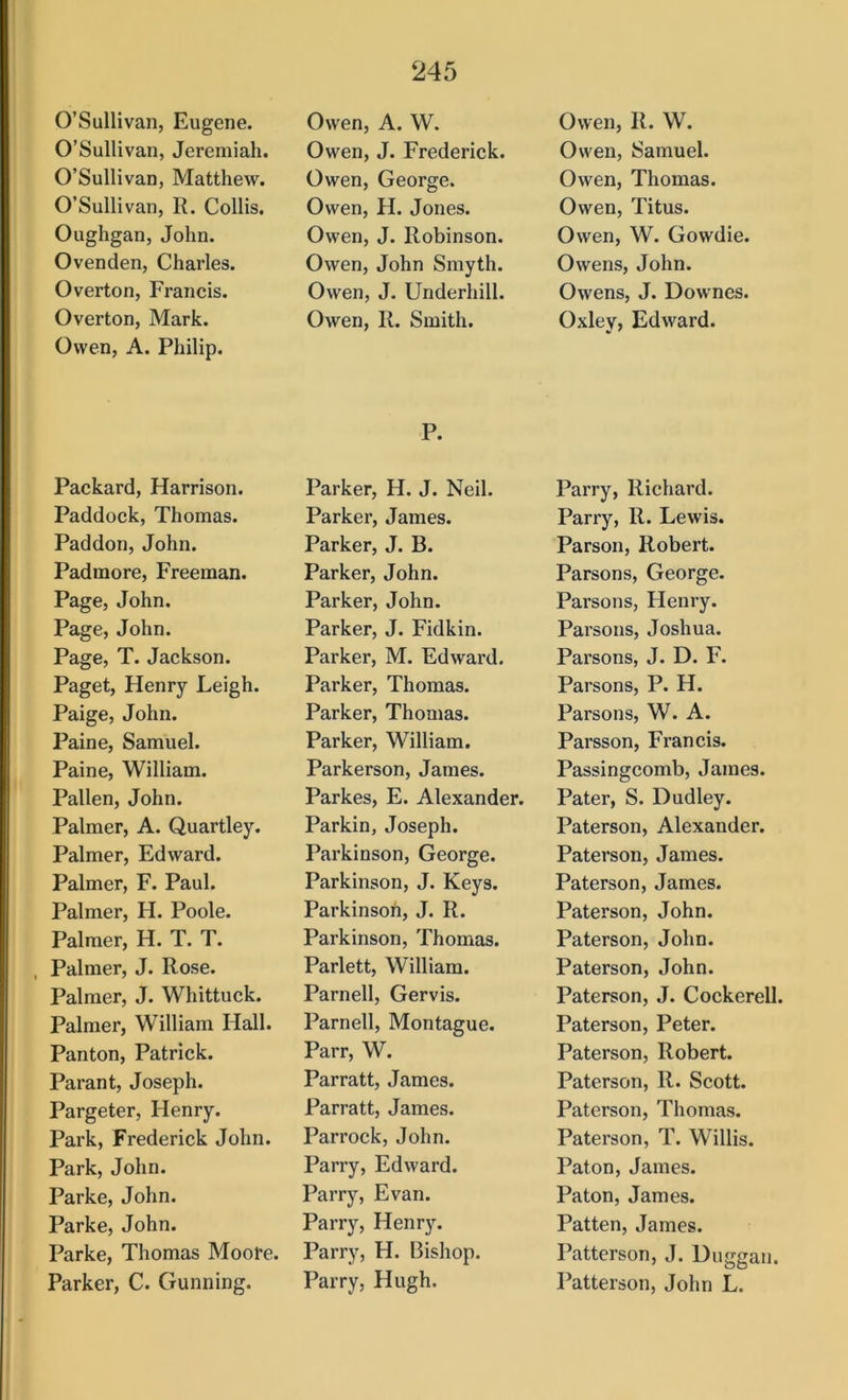 O’Sullivan, Eugene. O’Sullivan, Jeremiah. O’Sullivan, Matthew. O’Sullivan, R. Collis. Oughgan, John. Ovenden, Charles. Overton, Francis. Overton, Mark. Owen, A. Philip. Packard, Harrison. Paddock, Thomas. Paddon, John. Padmore, Freeman. Page, John. Page, John. Page, T. Jackson. Paget, Henry Leigh. Paige, John. Paine, Samuel. Paine, William. Pallen, John. Palmer, A. Quartley. Palmer, Edward. Palmer, F. Paul. Palmer, H. Poole. Palmer, H. T. T. Palmer, J. Rose. Palmer, J. Whittuck. Palmer, William Hall. Panton, Patrick. Parant, Joseph. Pargeter, Henry. Park, Frederick John. Park, John. Parke, John. Parke, John. Parke, Thomas Moore. Parker, C. Gunning. Owen, A. W. Owen, J. Frederick. Owen, George. Owen, H. Jones. Owen, J. Robinson. Owen, John Smyth. Owen, J. Underhill. Owen, R. Smith. P. Parker, H. J. Neil. Parker, James. Parker, J. B. Parker, John. Parker, John. Parker, J. Fidkin. Parker, M. Edward. Parker, Thomas. Parker, Thomas. Parker, William. Parkerson, James. Parkes, E. Alexander. Parkin, Joseph. Parkinson, George. Parkinson, J. Keys. Parkinson, J. R. Parkinson, Thomas. Parlett, William. Parnell, Gervis. Parnell, Montague. Parr, W. Parratt, James. Parratt, James. Parrock, John. Parry, Edward. Parry, Evan. Parry, Henry. Parry, H. Bishop. Parry, Hugh. Owen, R. W. Owen, Samuel. Owen, Thomas. Owen, Titus. Owen, W. Gowdie. Owens, John. Owens, J. Downes. Oxlev, Edward. Parry, Richard. Parry, R. Lewis. Parson, Robert. Parsons, George. Parsons, Flenry. Parsons, Joshua. Parsons, J. D. F. Parsons, P. H. Parsons, W. A. Parsson, Francis. Passingcomb, James. Pater, S. Dudley. Paterson, Alexander. Paterson, James. Paterson, James. Paterson, John. Paterson, John. Paterson, John. Paterson, J. Cockerell. Paterson, Peter. Paterson, Robert. Paterson, R. Scott. Paterson, Thomas. Paterson, T. Willis. Paton, James. Paton, James. Patten, James. Patterson, J. Duggan. Patterson, John L.