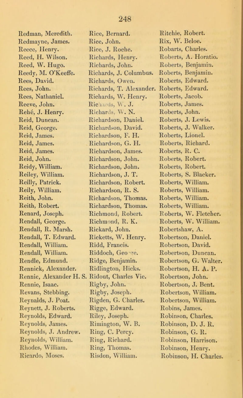 Redman, Meredith. Redmayne, James. Reece, Henry. Reed, H. Wilson. Reed, W. Hugo. Reedy, M. O’Keeffe. Rees, David. Rees, John. Rees, Nathaniel. Reeve, John. Rehe, J. Henry. Reid, Duncan. Reid, George. Reid, James. Reid, James. Reid, James. Reid, John. Reidy, William. Reiley, William. Reilly, Patrick. Reily, William. Reith, John. Reith, Robert. Renard, Joseph. Rendall, George. Rendall, R. Marsh. Rendall, T. Edward. Rendall, William. Rendall, William. Rendle, Edmund. Rennick, Alexander. Rennie, Alexander H. Rennie, Isaac. Revans, Stebbing. Reynalds, J. Poat. Reynett, J. Roberts. Reynolds, Edward. Reynolds, James. Reynolds, J. Andrew. Reynolds, William. Rhodes, William. Ricardo, Moses. Rice, Bernard. Rice, John. Rice, J. Roche. Richards, Henry. Richards, John. Richards, J. Columbus. Richards, Owen. Richards, T. Alexander. Richards, W. Henry. Ric l u Us, \\ . J. Richards, W. N. Richardson, Daniel. Richardson, David. Richardson, F. H. Richardson, G. H. Richardson, James. Richardson, John. Richardson, John. Richardson, J. T. Richardson, Robert. Richardson, R. S. Richardson, Thomas. Richardson, Thomas. Richmond, Robert. Richmond, R. K. Rickard, John. Ricketts, W. Henry. Ridd, Francis. Riddoch, Geo 're. Ridge, Benjamin. Ridlington, Hicks, i. Ridout, Charles Vie. Rigby, John. Rigby, Joseph. Rigden, G. Charles. Rigge, Edward. Riley, Joseph. Rimington, W. B. Ring, C. Percy. Ring, Richard. Ring, Thomas. Risdon, William. Ritchie, Robert. Rix, W. Beloe. Robarts, Charles. Roberts, A. Horatio. Roberts, Benjamin. Roberts, Benjamin. Roberts, Edward. Roberts, Edward. Roberts, Jacob. Roberts, James. Roberts, John. Roberts, J. Lewis. Roberts, J. Walker. Roberts, Lionel. Roberts, Richard. Roberts, R. C. Roberts, Robert. Roberts, Robert. Roberts, S. Blacker. Roberts, William. Roberts, William. Roberts, William. Roberts, William. Roberts, W. Fletcher. Roberts, W. William. Robertshaw, A. Robertson, Daniel. Robertson, David. Robertson, Duncan. Robertson, G. Walter. Robertson, H. A. P. Robertson, John. Robertson, J. Bent. Robertson, William. Robertson, William. Robins, James. Robinson, Charles. Robinson, D. J. R. Robinson, G. R. Robinson, Harrison. Robinson, Henry. Robinson, H. Charles.