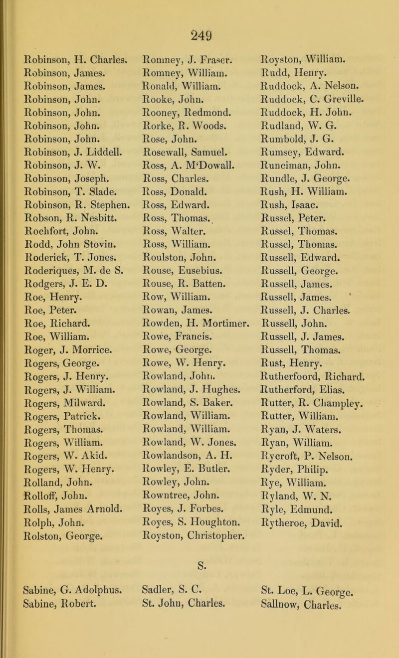 llobinson, H. Charles. Robinson, James. Robinson, Janies. Robinson, John. Robinson, John. Robinson, John. Robinson, John. Robinson, J. Liddell. Robinson, J. W. Robinson, Joseph. Robinson, T. Slade. Robinson, R. Stephen. Robson, R. Nesbitt. Rochfort, John. Rodd, John Stovin. Roderiek, T. Jones. Roderiques, M. de S. Rodgers, J. E. D. Roe, Henry. Roe, Peter. Roe, Richard. Roe, William. Roger, J. Morrice. Rogers, George. Rogers, J. Henry. Rogers, J. William. Rogers, Milward. Rogers, Patrick. Rogers, Thomas. Rogers, William. Rogers, W. Akid. Rogers, W. Henry. Rolland, John. Rolloff', John. Rolls, James Arnold. Rolph, John. Rolston, George. Sabine, G. Adolphus. Sabine, Robert. Romney, J. Fraser. Romney, William. Ronald, William. Rooke, John. Rooney, Redmond. Rorke, R. Woods. Rose, John. Rosewall, Samuel. Ross, A. M‘Dowall. Ross, Charles. Ross, Donald. Ross, Edivard. Ross, Thomas. Ross, Walter. Ross, William. Roulston, John. Rouse, Eusebius. Rouse, R. Batten. Row, William. Rowan, James. Rowden, H. Mortimer. Rowe, Francis. Rowe, George. Rowe, W. Henry. Rowland, John. Rowland, J. Flughes. Rowland, S. Baker. Rowland, William. Rowland, William. Rowland, W. Jones. Rowlandson, A. H. Rowley, E. Butler. Rowley, John. Rowntree, John. Royes, J. Forbes. Royes, S. Houghton. Royston, Christopher. S. Sadler, S. C. St. John, Charles. Royston, William. Rudd, Henry. Ruddock, A. Nelson. Ruddock, C. Greville. Ruddock, H. John. Rudland, W. G. Rumbold, J. G. Rumsey, Edward. Runciman, John. Rundle, J. George. Rush, H. William. Rush, Isaac. Russel, Peter. Russel, Thomas. Russel, Thomas. Russell, Edward. Russell, George. Russell, James. Russell, James. ' Russell, J. Charles. Russell, John. Russell, J. James. Russell, Thomas. Rust, Henry. Rutherfoord, Richard. Rutherford, Elias. Rutter, R. Champley. Rutter, William. Ryan, J. Waters. Ryan, William. Rycroft, P. Nelson. Ryder, Philip. Rye, William. Ryland, W. N. Ryle, Edmund. Rytheroe, David. St. Loe, L. George. Sallnow, Charles.