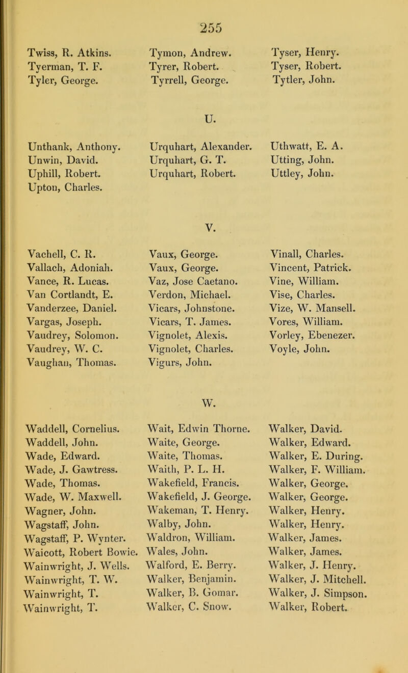 Twiss, R. Atkins. Tverman, T. F. Tyler, George. Unthank, Anthony. Unwin, David. Uphill, Robert. Upton, Charles. Vachell, C. R. Vallach, Adoniah. Vance, R. Lucas. Van Cortlandt, E. Vanderzee, Daniel. Vargas, Joseph. Vaudrey, Solomon. Vaudrev, W. C. Vaughan, Thomas. Waddell, Cornelius. Waddell, John. Wade, Edward. Wade, J. Gawtress. Wade, Thomas. Wade, W. Maxwell. Wagner, John. WagstaflT, John. WagstafF, P. Wynter. Waicott, Robert Bowie. Wainwright, J. Wells. Wainwright, T. W. Wainwright, T. Wainwright, J’. Tymon, Andrew. Tyrer, Robert. Tyrrell, George. U. Urquhart, Alexander. Urquhart, G. T. Urquhart, Robert. V. Vaux, George. Vaux, George. Vaz, Jose Caetano. Verdon, Michael. Vicars, Johnstone. Vicars, T. James. Vignolet, Alexis. Vignolet, Charles. Vigurs, John. W. Wait, Edwin Thorne. Waite, George. Waite, Thomas. Waith, P. L. H. Wakefield, Francis. Wakefield, J. George. Wakeman, T. Henry. Walby, John. Waldron, William. Wales, John. Walford, E. Berry. Walker, Benjamin. Walker, B. Gomar. Walker, C. Snow. Tyser, Henry. Tyser, Robert. Tytler, John. Uthwatt, E. A. Utting, John. Uttley, John. Vinall, Charles. Vincent, Patrick. Vine, William. Vise, Charles. Vize, W. Mansell. Vores, William. Vorley, Ebenezer. Voyle, John. Walker, David. Walker, Edward. Walker, E. During. Walker, F. William. Walker, George. Walker, George. Walker, Henry. Walker, Henry. Walker, James. Walker, James. Walker, J. Henry. Walker, J. Mitchell. Walker, J. Simpson. Walker, Robert.